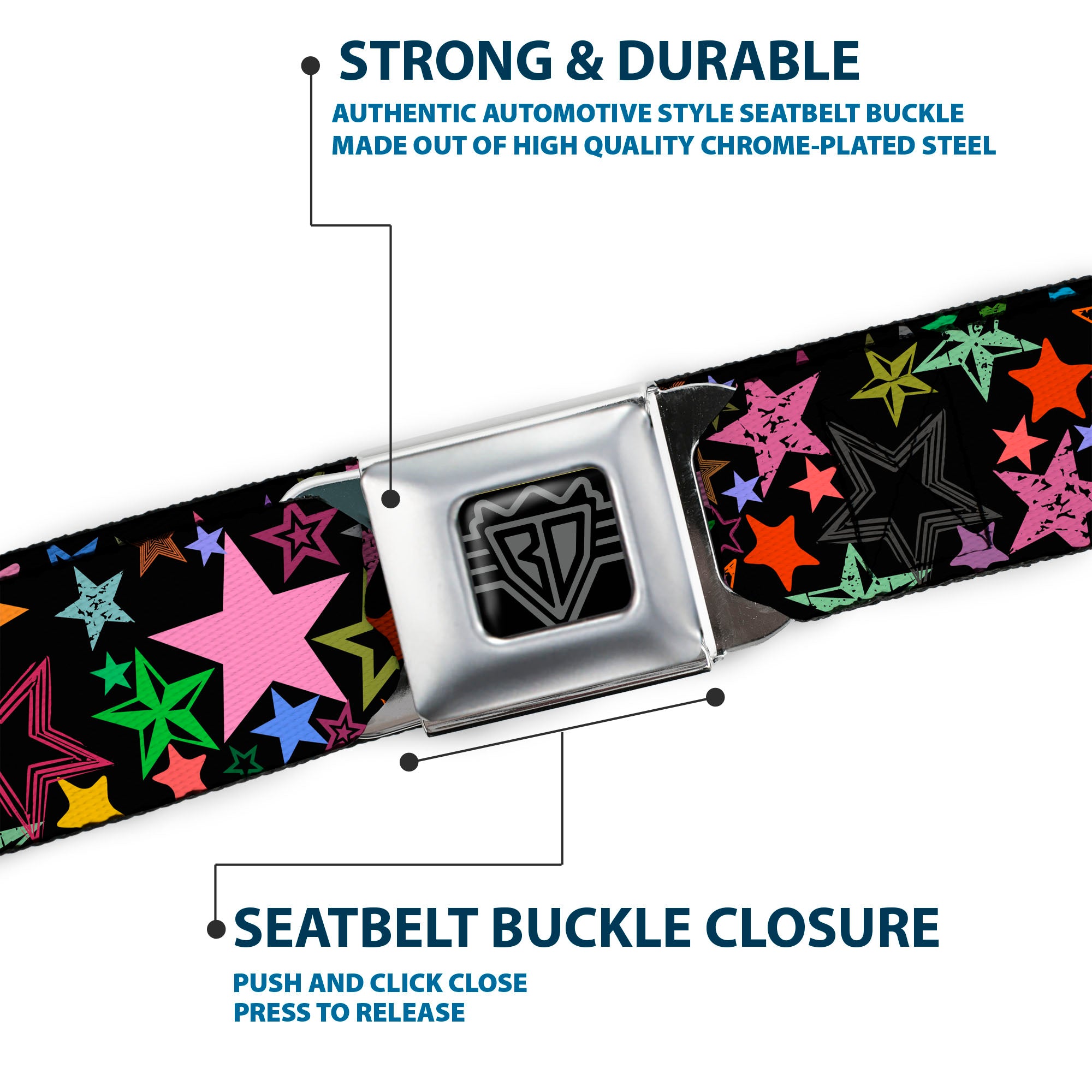 BD Wings Logo CLOSE-UP Full Color Black Silver Seatbelt Belt - Stargazer Black/Multi Color Webbing Seatbelt Belts Buckle-Down
