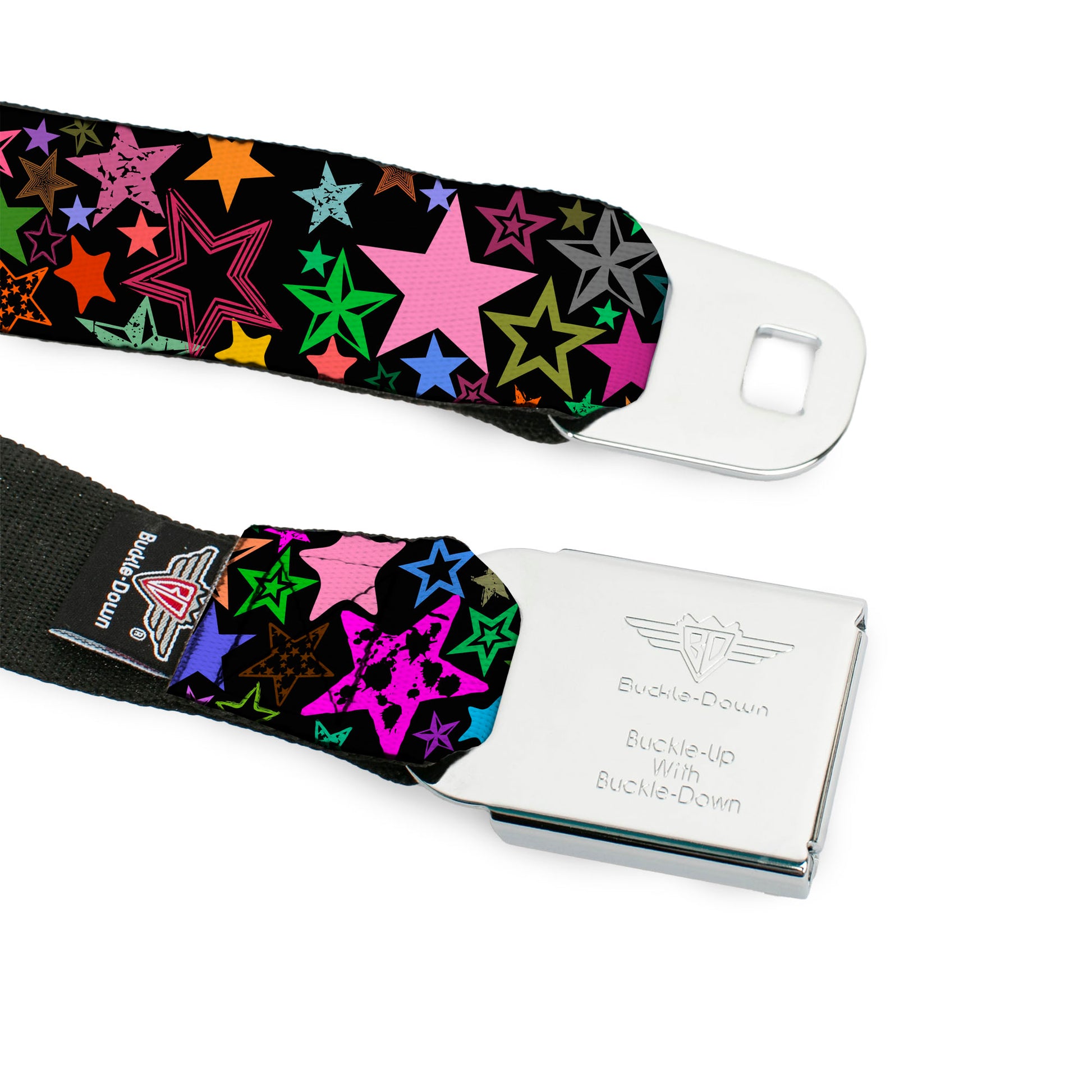 BD Wings Logo CLOSE-UP Full Color Black Silver Seatbelt Belt - Stargazer Black/Multi Color Webbing Seatbelt Belts Buckle-Down