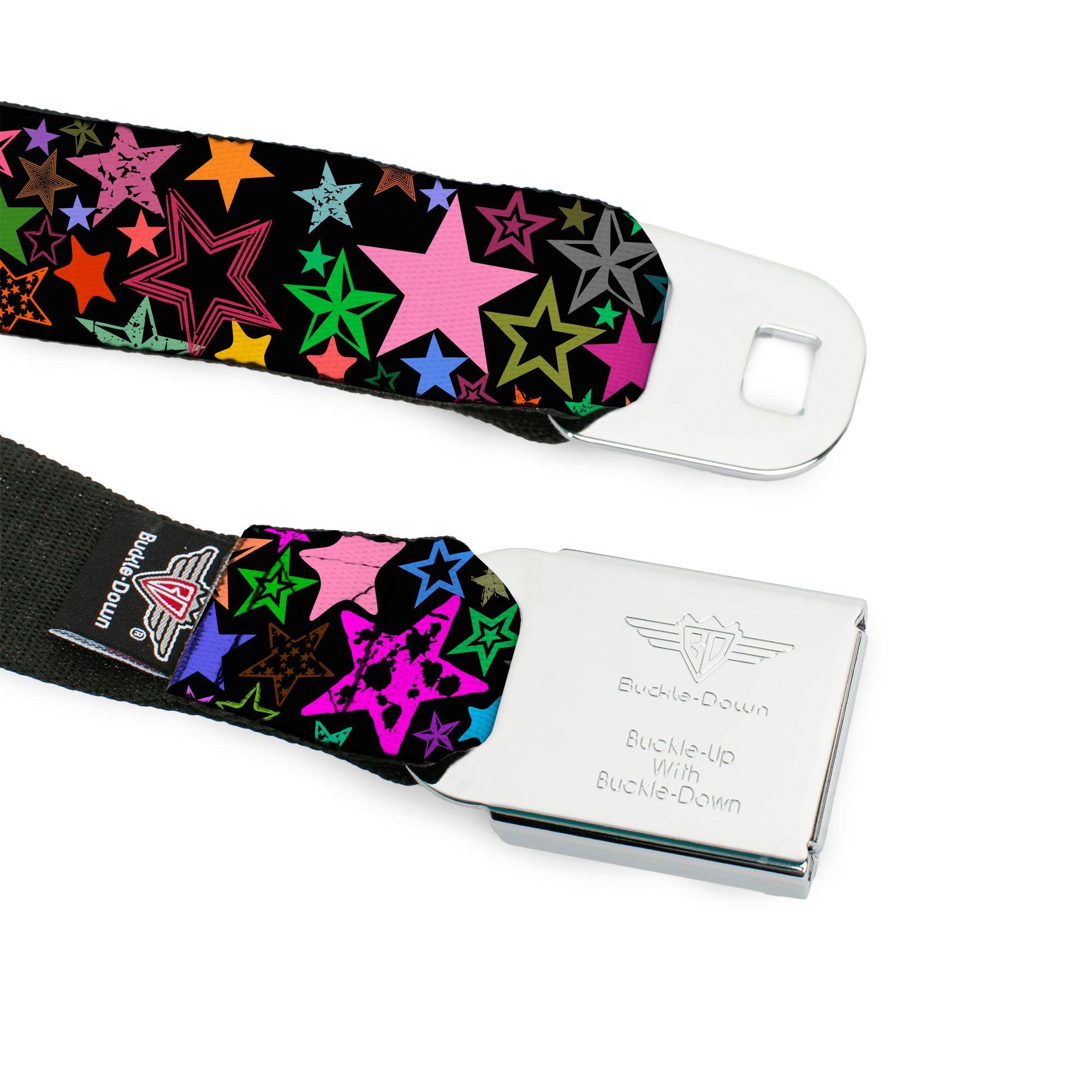 BD Wings Logo CLOSE-UP Full Color Black Silver Seatbelt Belt - Stargazer Black/Multi Color Webbing Seatbelt Belts Buckle-Down
