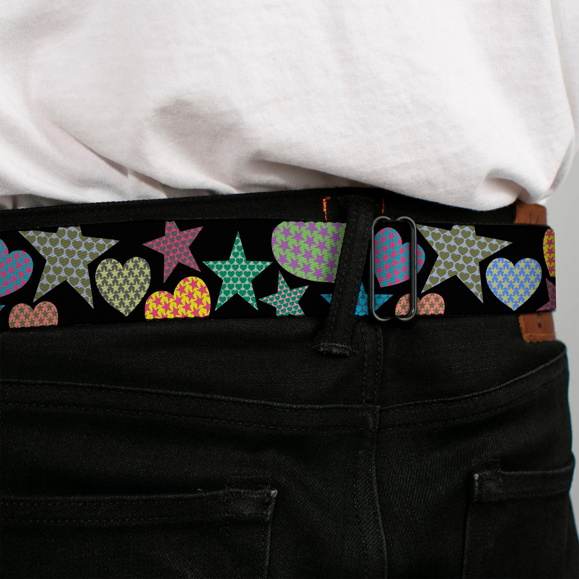 BD Wings Logo CLOSE-UP Full Color Black Silver Seatbelt Belt - Stars-In Hearts-In Stars Black/Multi Webbing Seatbelt Belts Buckle-Down