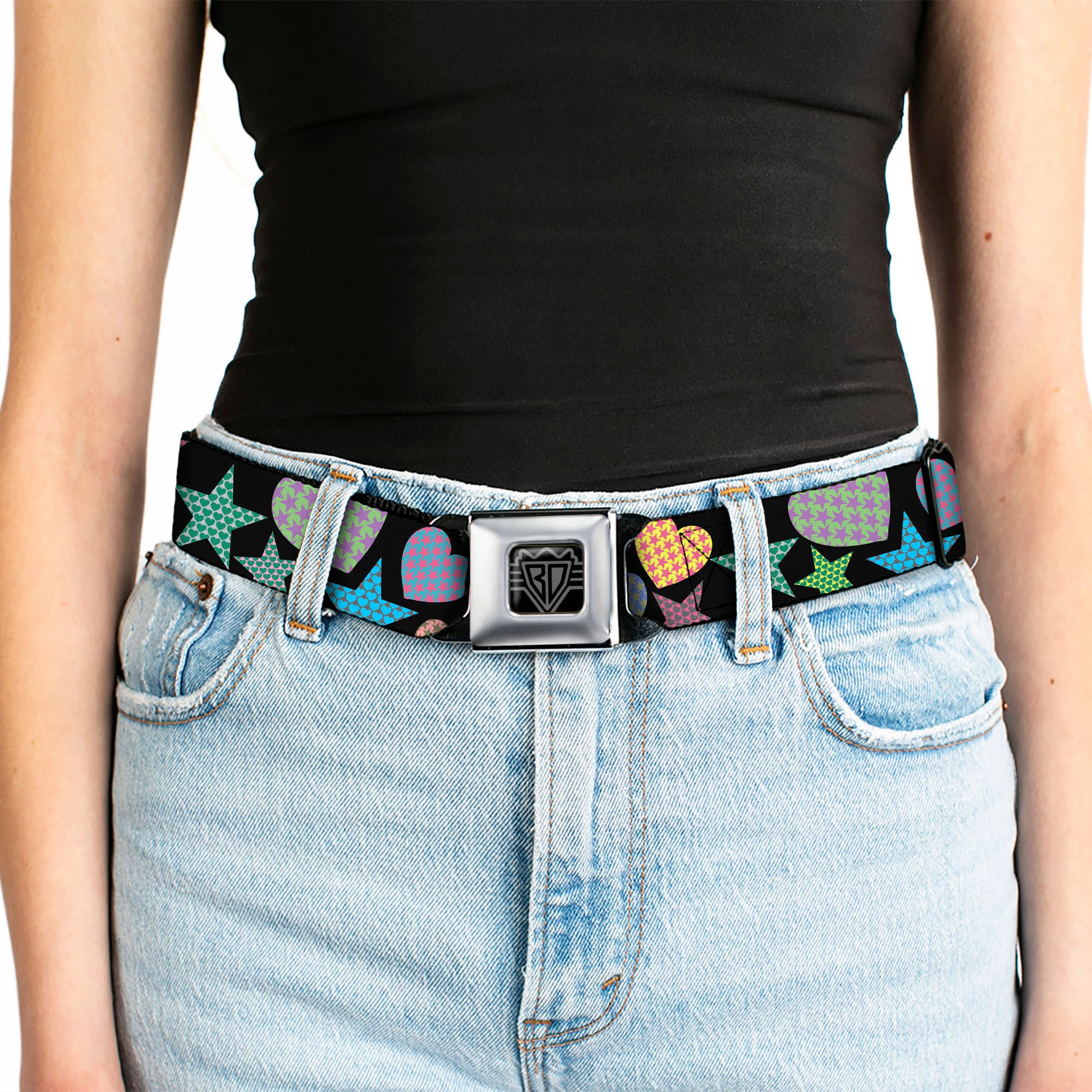 BD Wings Logo CLOSE-UP Full Color Black Silver Seatbelt Belt - Stars-In Hearts-In Stars Black/Multi Webbing Seatbelt Belts Buckle-Down