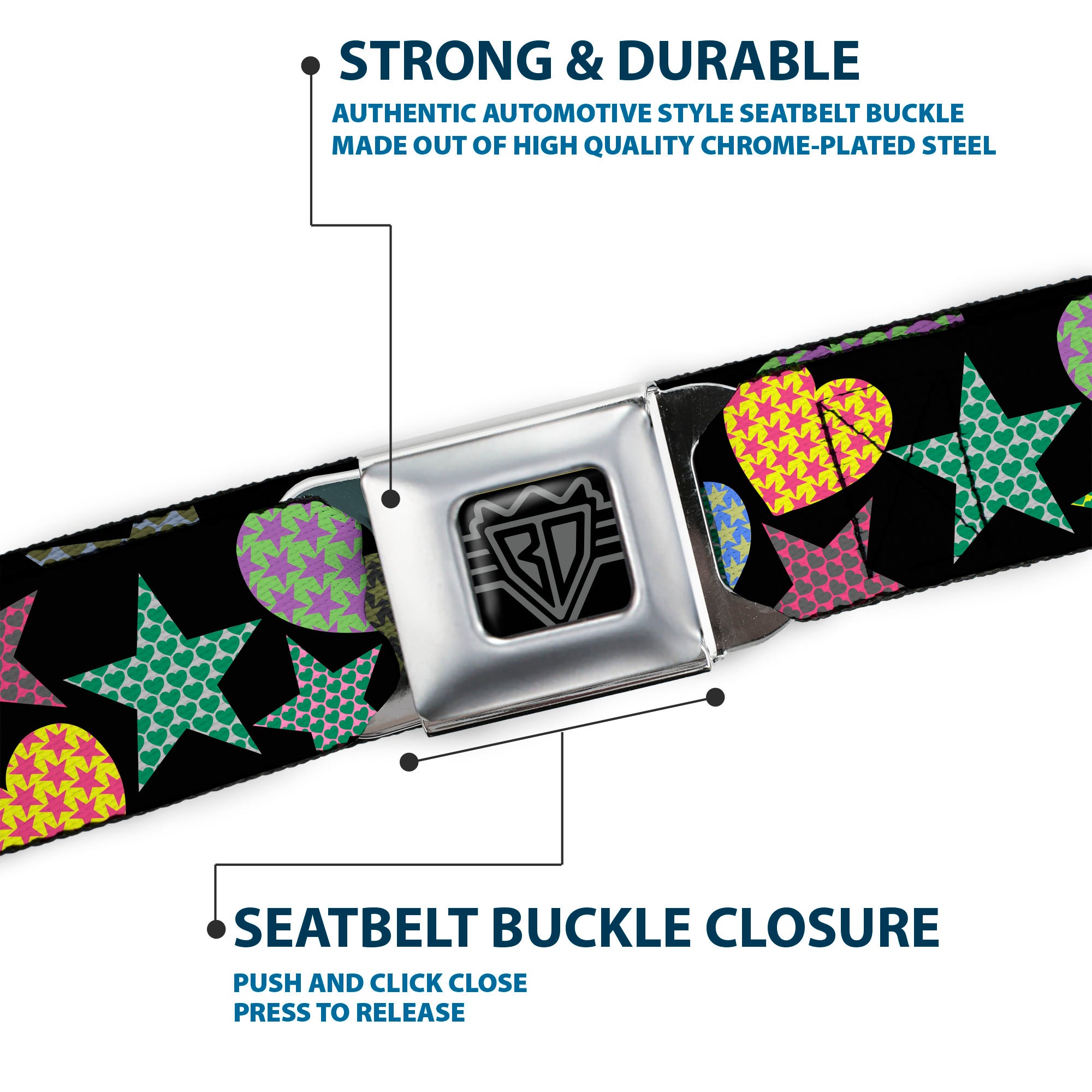 BD Wings Logo CLOSE-UP Full Color Black Silver Seatbelt Belt - Stars-In Hearts-In Stars Black/Multi Webbing Seatbelt Belts Buckle-Down