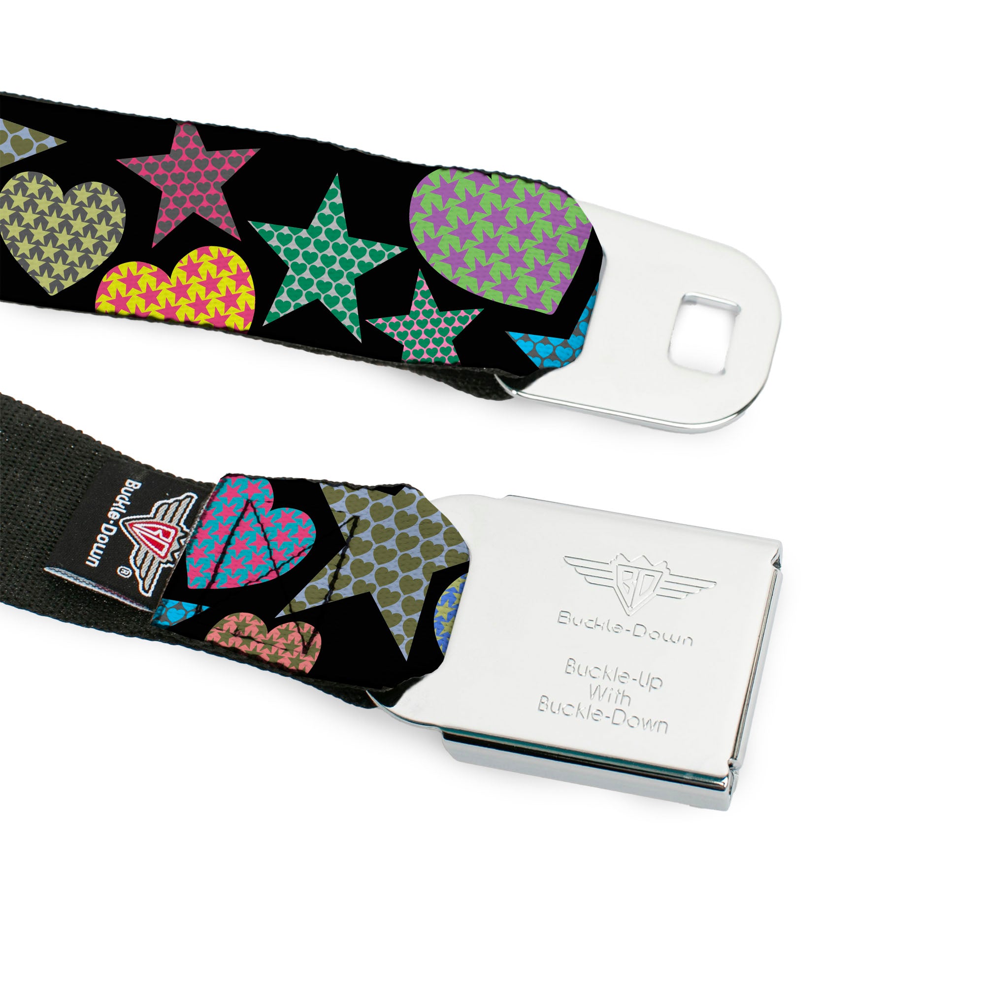 BD Wings Logo CLOSE-UP Full Color Black Silver Seatbelt Belt - Stars-In Hearts-In Stars Black/Multi Webbing Seatbelt Belts Buckle-Down