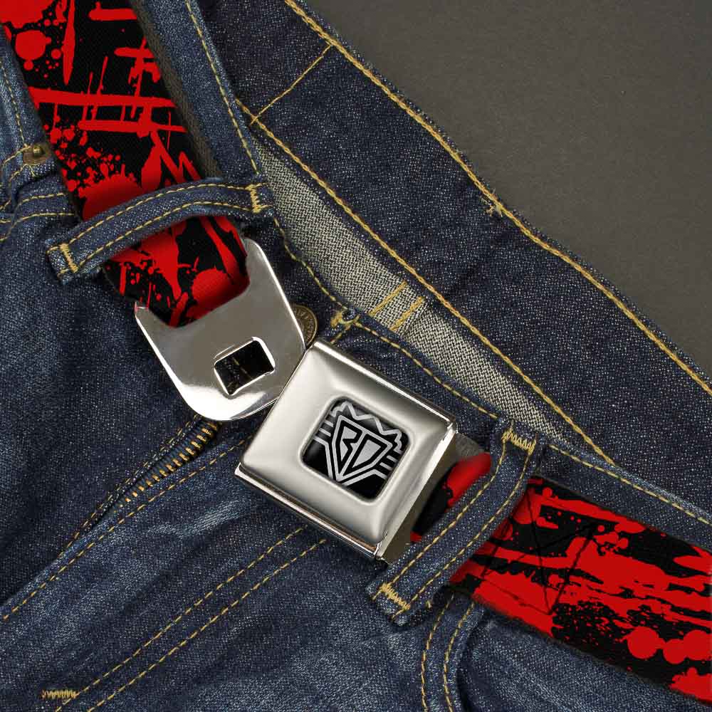 BD Wings Logo CLOSE-UP Full Color Black Silver Seatbelt Belt - Splatter Black/Red Webbing Seatbelt Belts Buckle-Down