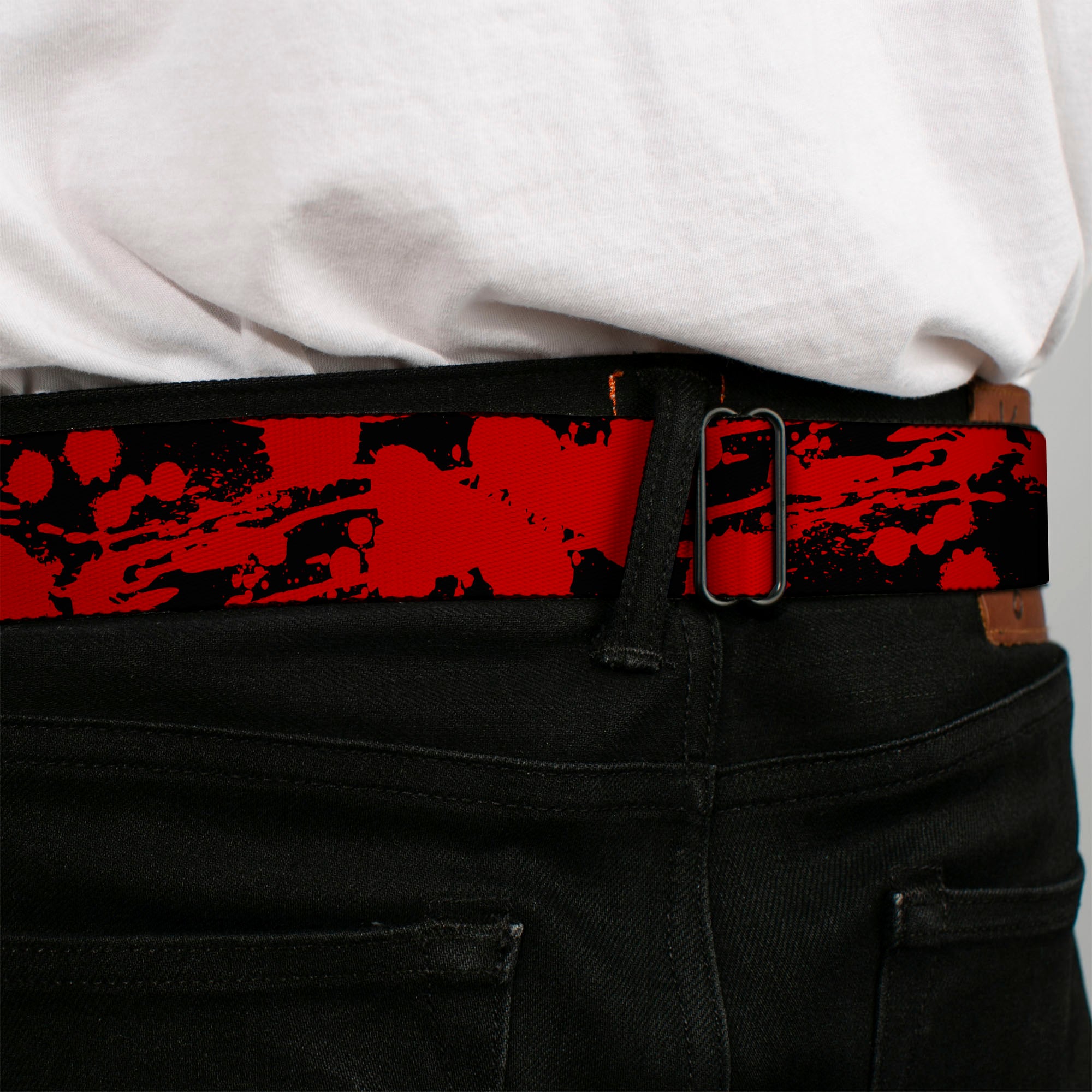 BD Wings Logo CLOSE-UP Full Color Black Silver Seatbelt Belt - Splatter Black/Red Webbing Seatbelt Belts Buckle-Down