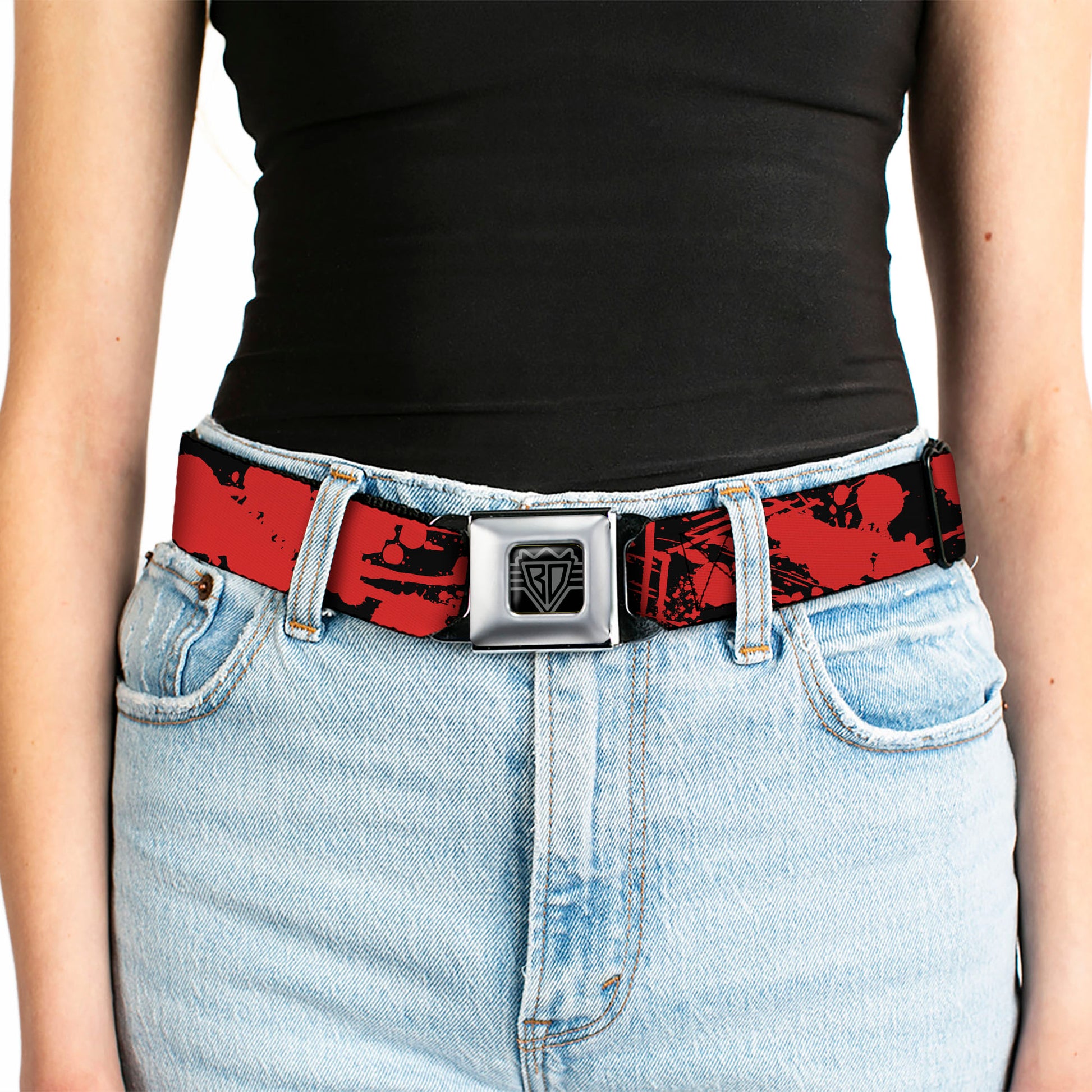 BD Wings Logo CLOSE-UP Full Color Black Silver Seatbelt Belt - Splatter Black/Red Webbing Seatbelt Belts Buckle-Down