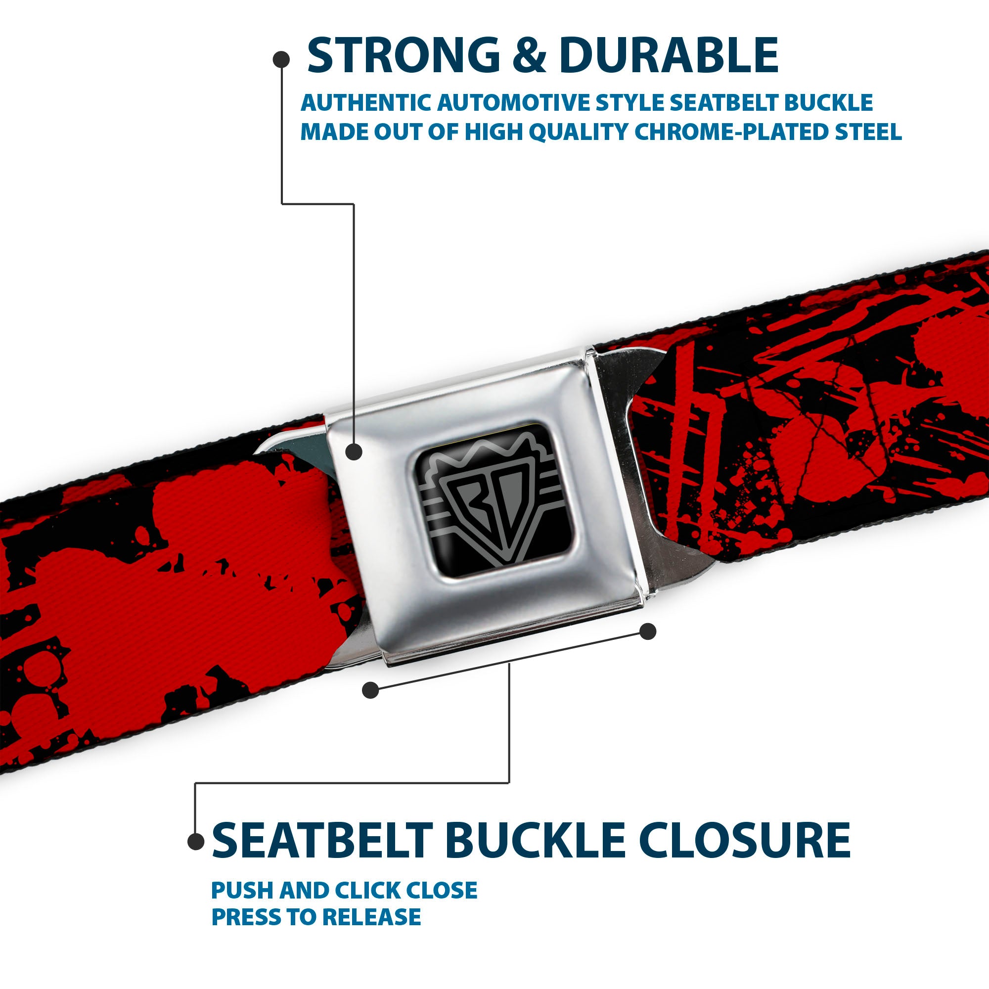 BD Wings Logo CLOSE-UP Full Color Black Silver Seatbelt Belt - Splatter Black/Red Webbing Seatbelt Belts Buckle-Down