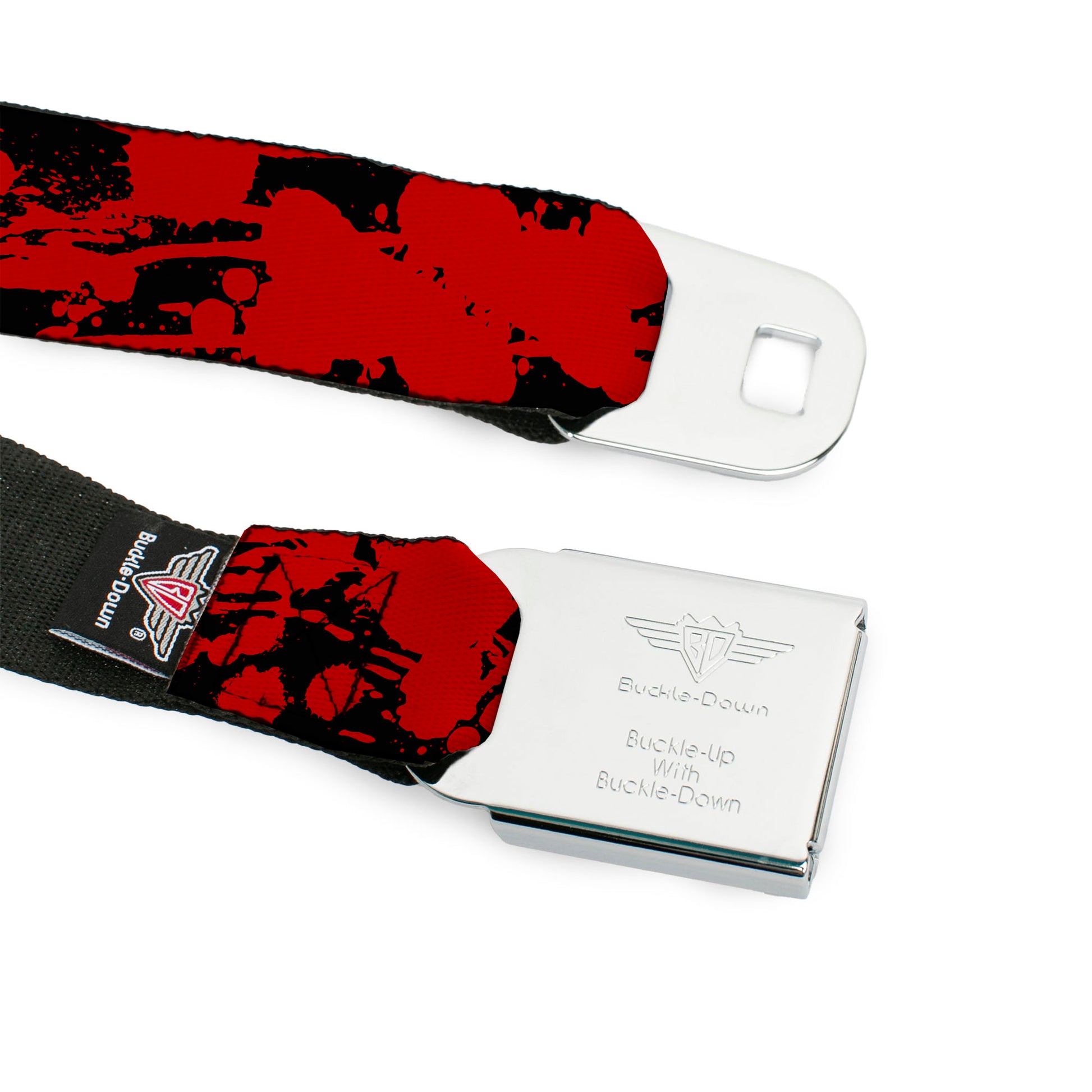 BD Wings Logo CLOSE-UP Full Color Black Silver Seatbelt Belt - Splatter Black/Red Webbing Seatbelt Belts Buckle-Down