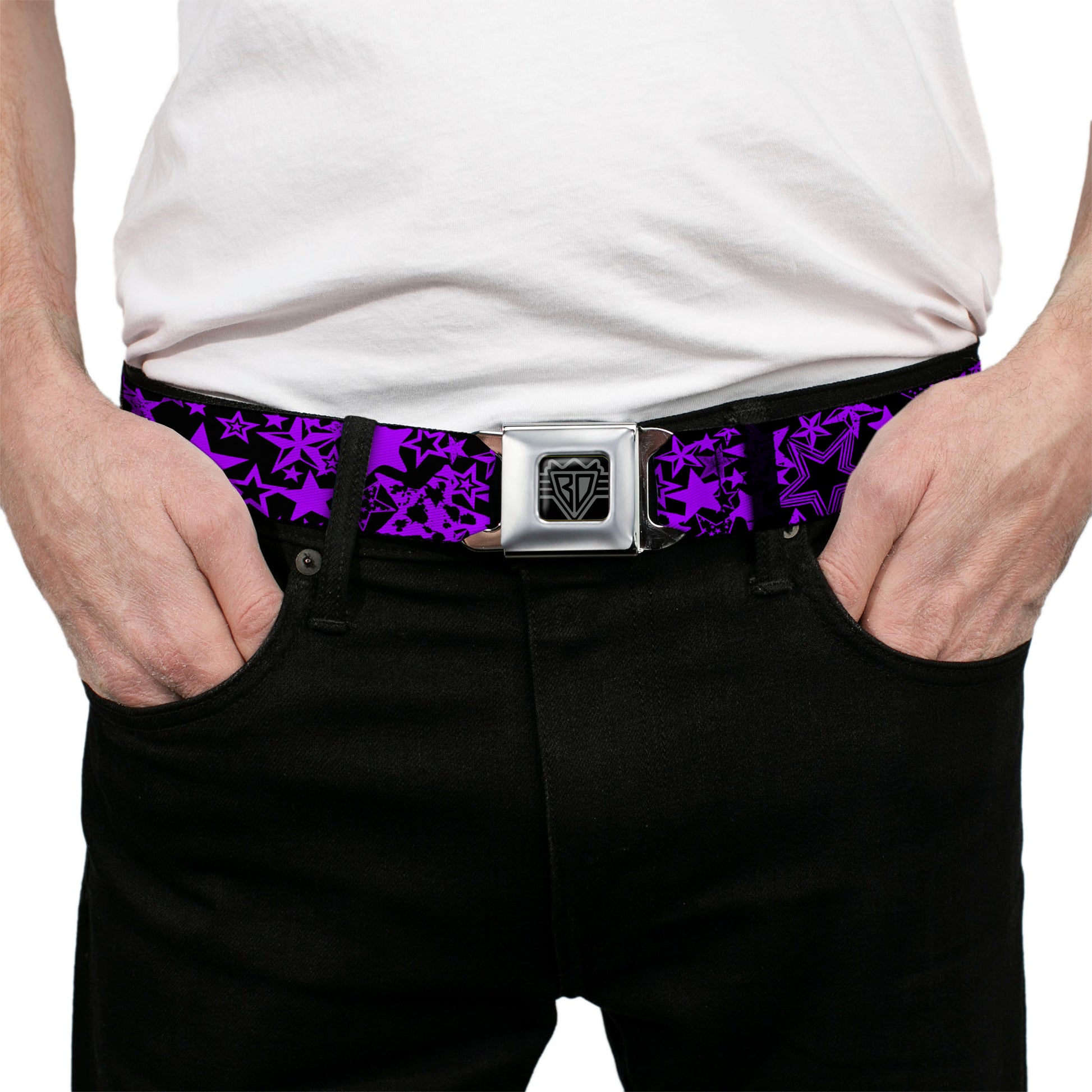 BD Wings Logo CLOSE-UP Full Color Black Silver Seatbelt Belt - Stargazer Black/Purple Webbing Seatbelt Belts Buckle-Down