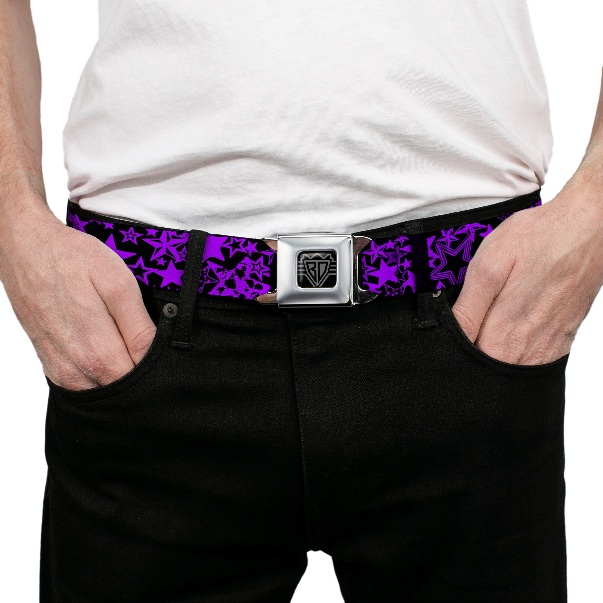 BD Wings Logo CLOSE-UP Full Color Black Silver Seatbelt Belt - Stargazer Black/Purple Webbing Seatbelt Belts Buckle-Down