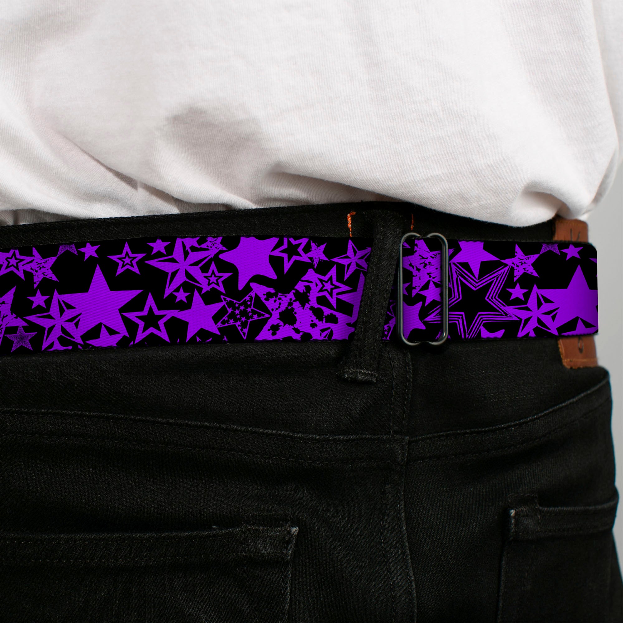 BD Wings Logo CLOSE-UP Full Color Black Silver Seatbelt Belt - Stargazer Black/Purple Webbing Seatbelt Belts Buckle-Down