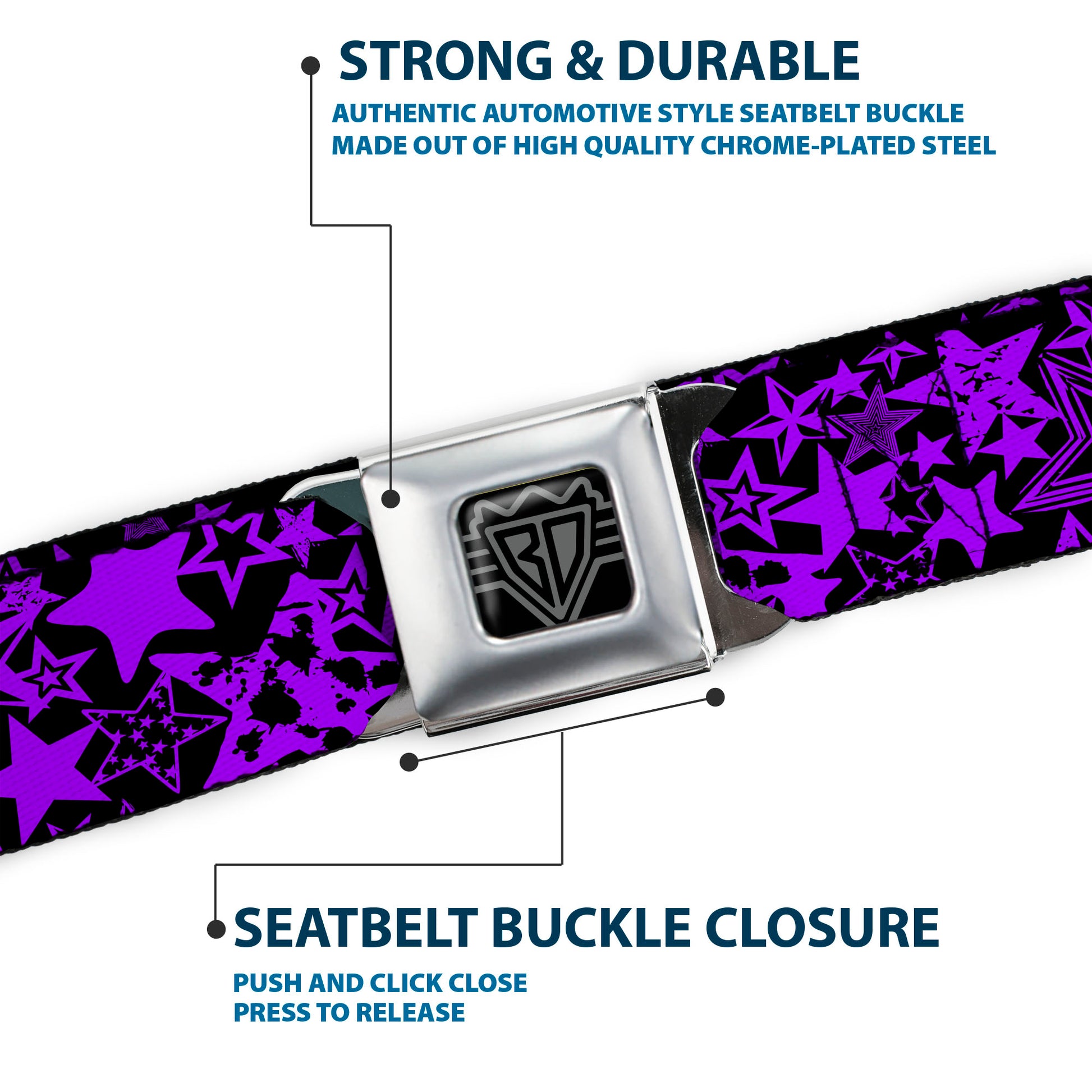 BD Wings Logo CLOSE-UP Full Color Black Silver Seatbelt Belt - Stargazer Black/Purple Webbing Seatbelt Belts Buckle-Down