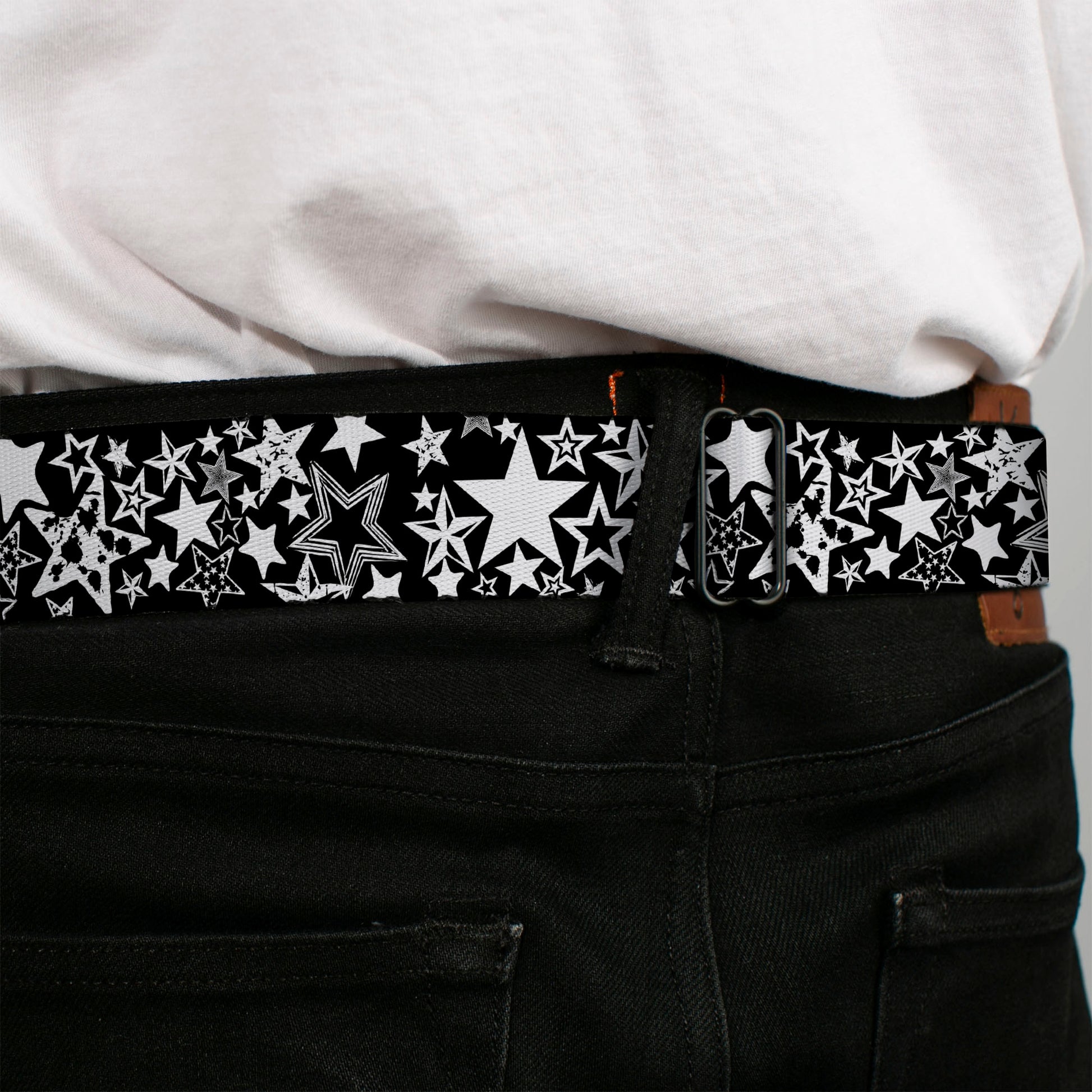 BD Wings Logo CLOSE-UP Full Color Black Silver Seatbelt Belt - Stargazer Black/White Webbing Seatbelt Belts Buckle-Down