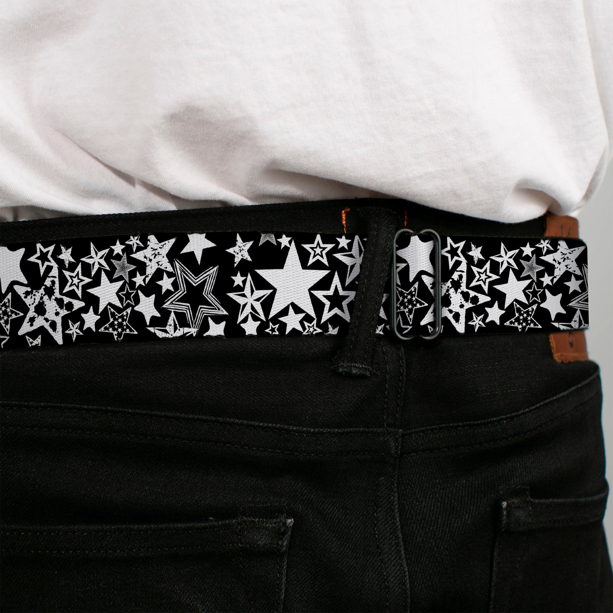 BD Wings Logo CLOSE-UP Full Color Black Silver Seatbelt Belt - Stargazer Black/White Webbing Seatbelt Belts Buckle-Down