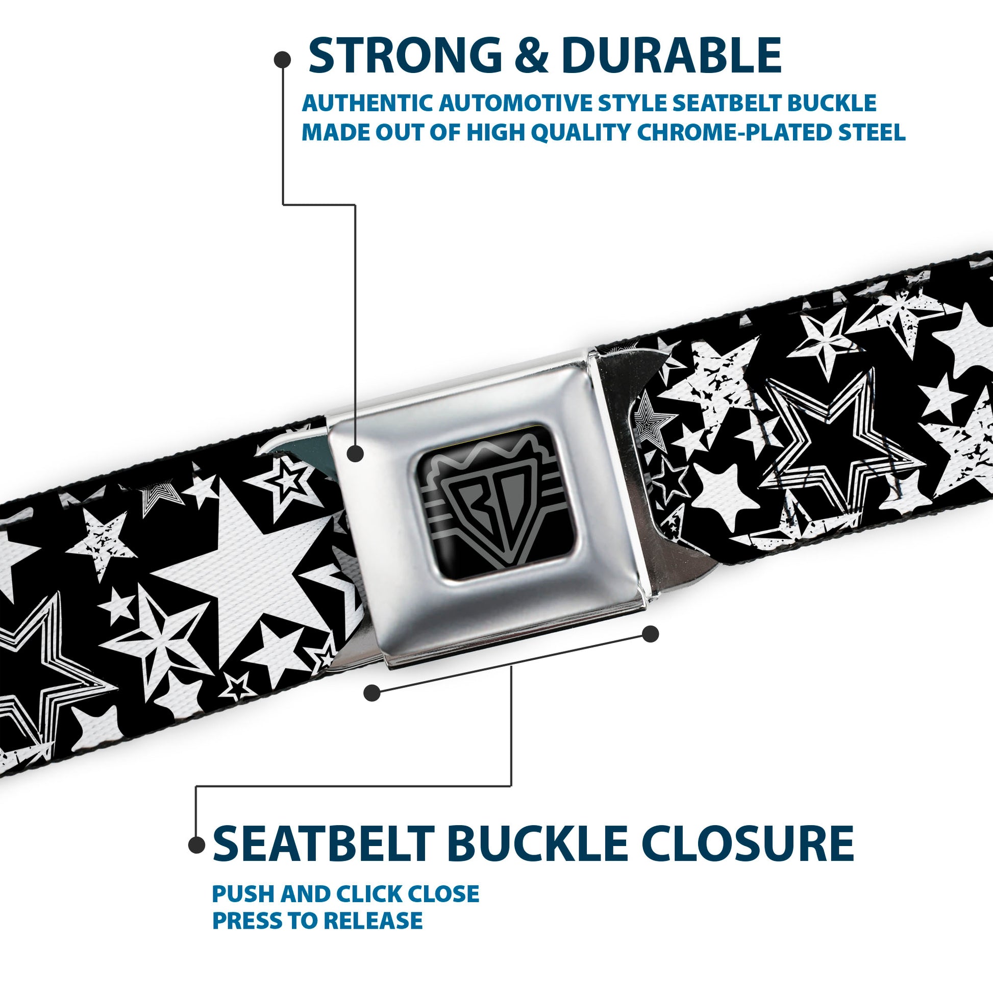 BD Wings Logo CLOSE-UP Full Color Black Silver Seatbelt Belt - Stargazer Black/White Webbing Seatbelt Belts Buckle-Down