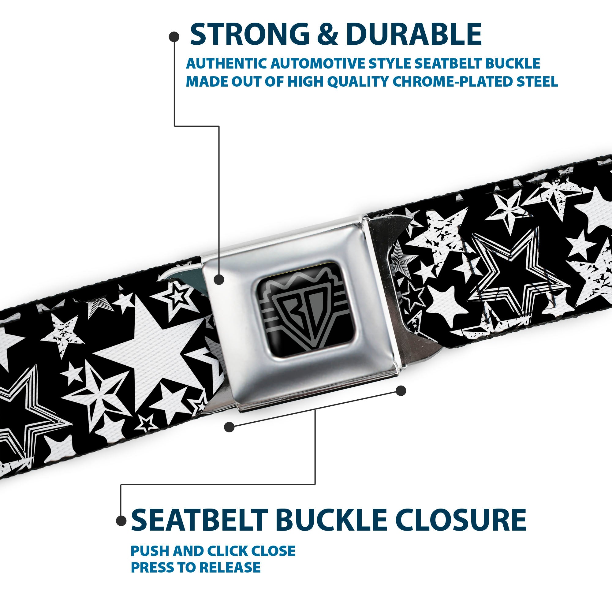 BD Wings Logo CLOSE-UP Full Color Black Silver Seatbelt Belt - Stargazer Black/White Webbing Seatbelt Belts Buckle-Down