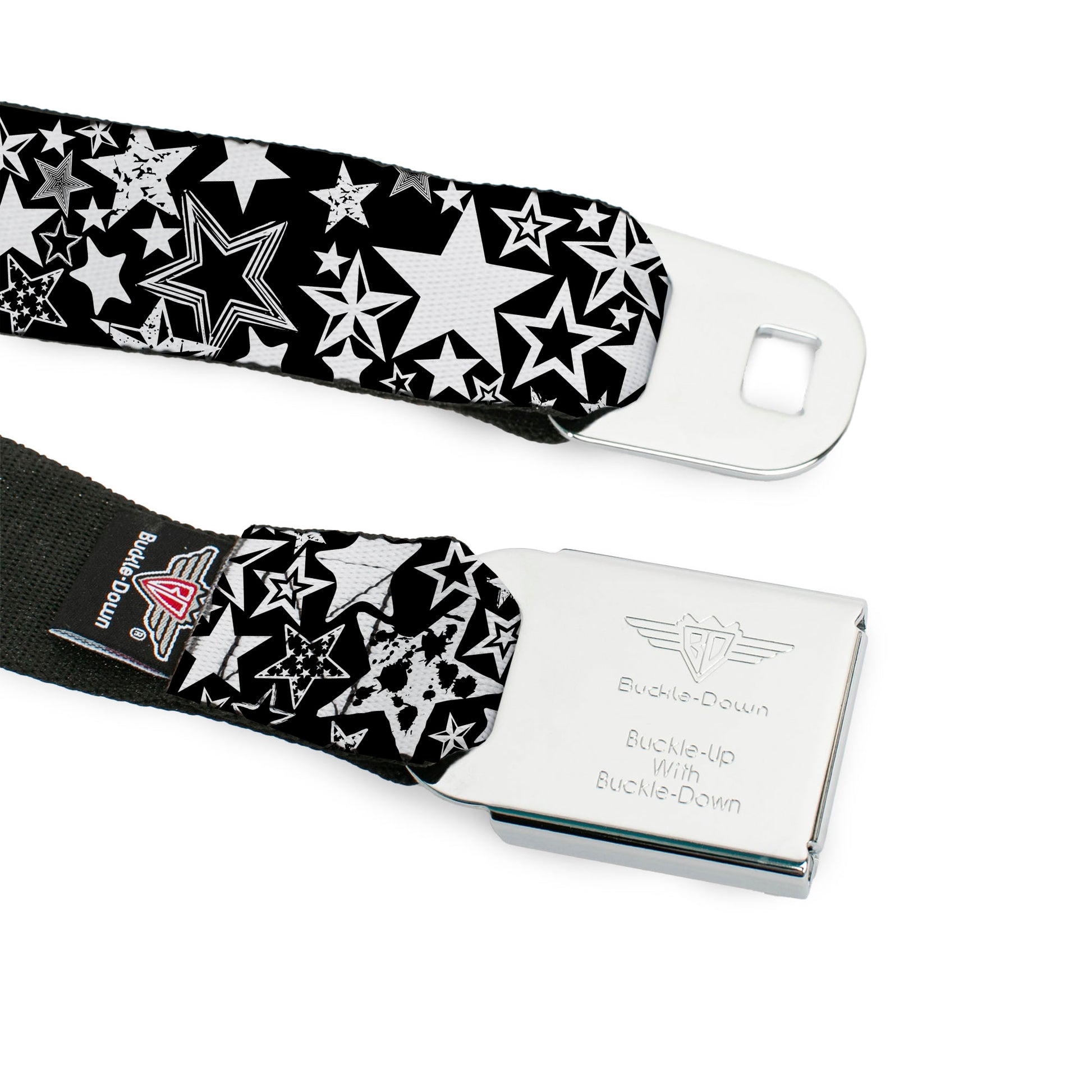 BD Wings Logo CLOSE-UP Full Color Black Silver Seatbelt Belt - Stargazer Black/White Webbing Seatbelt Belts Buckle-Down