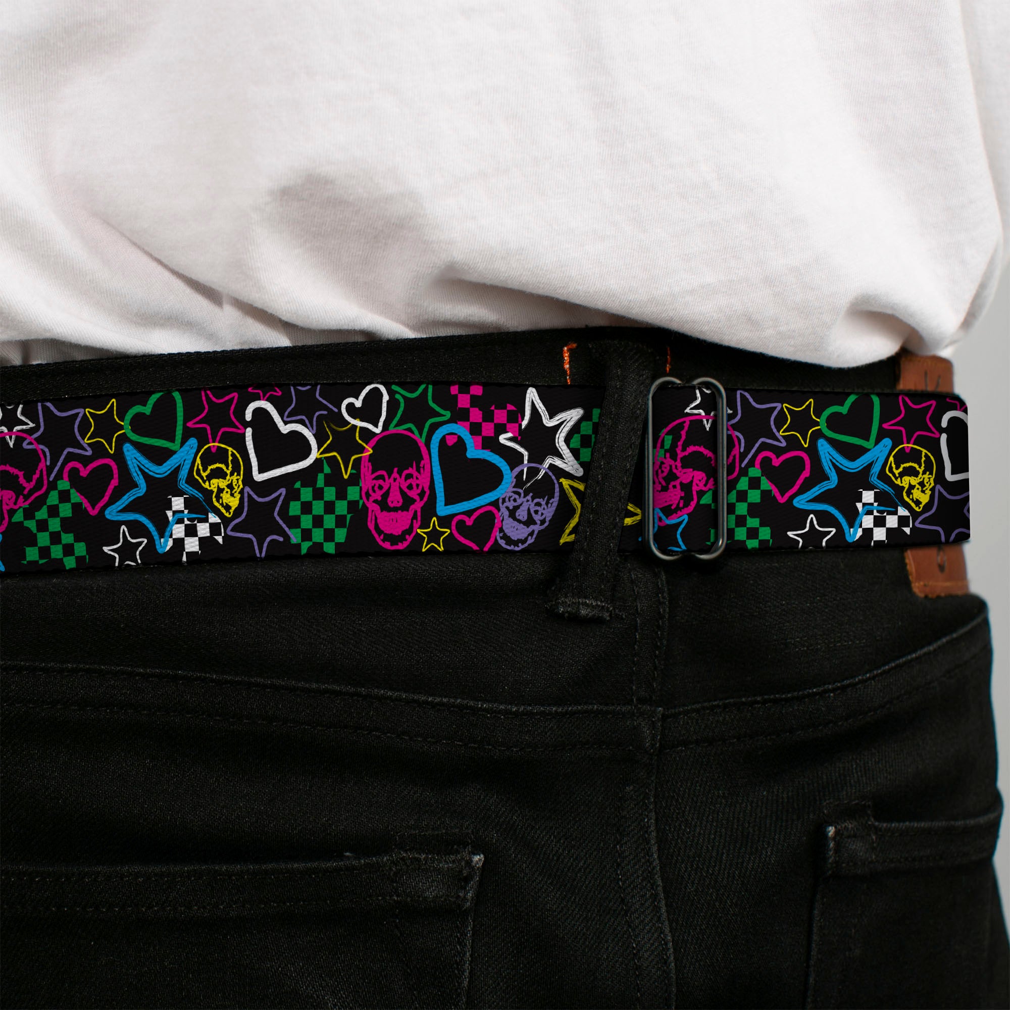 BD Wings Logo CLOSE-UP Full Color Black Silver Seatbelt Belt - Sketch Skull/Star/Heart/Checker Black/Multi Webbing Seatbelt Belts Buckle-Down