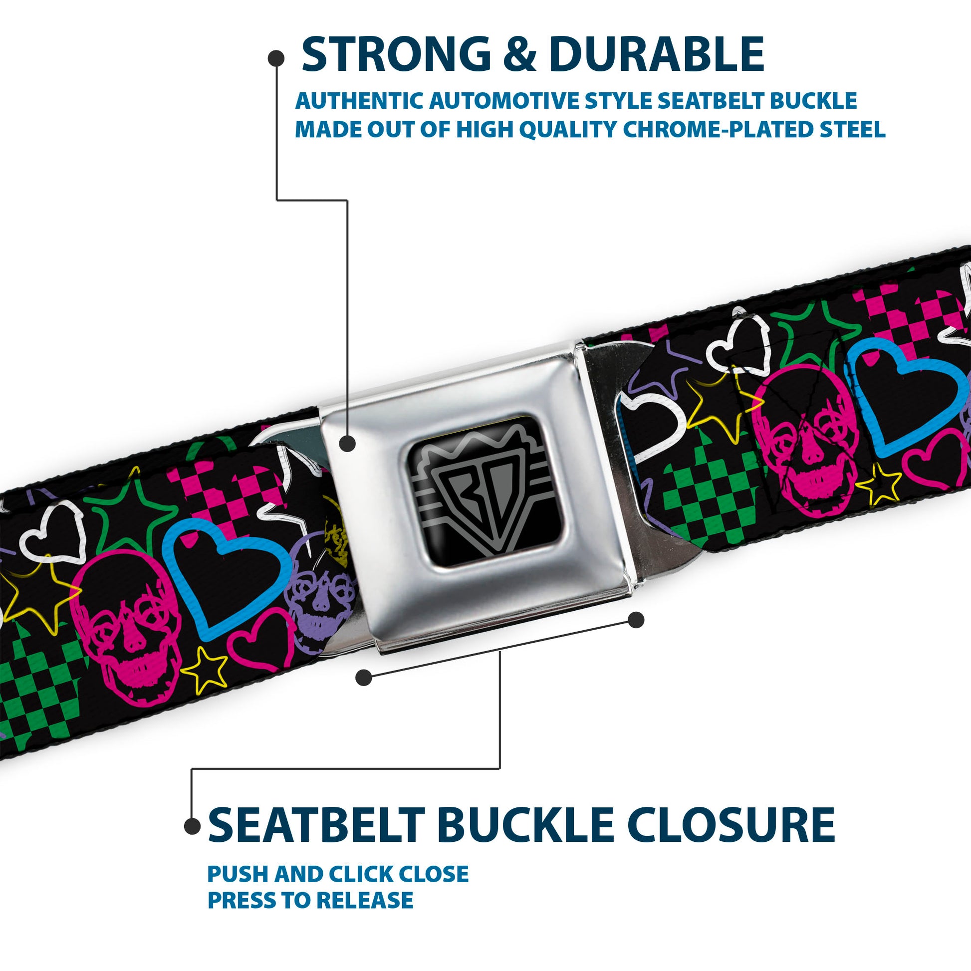 BD Wings Logo CLOSE-UP Full Color Black Silver Seatbelt Belt - Sketch Skull/Star/Heart/Checker Black/Multi Webbing Seatbelt Belts Buckle-Down
