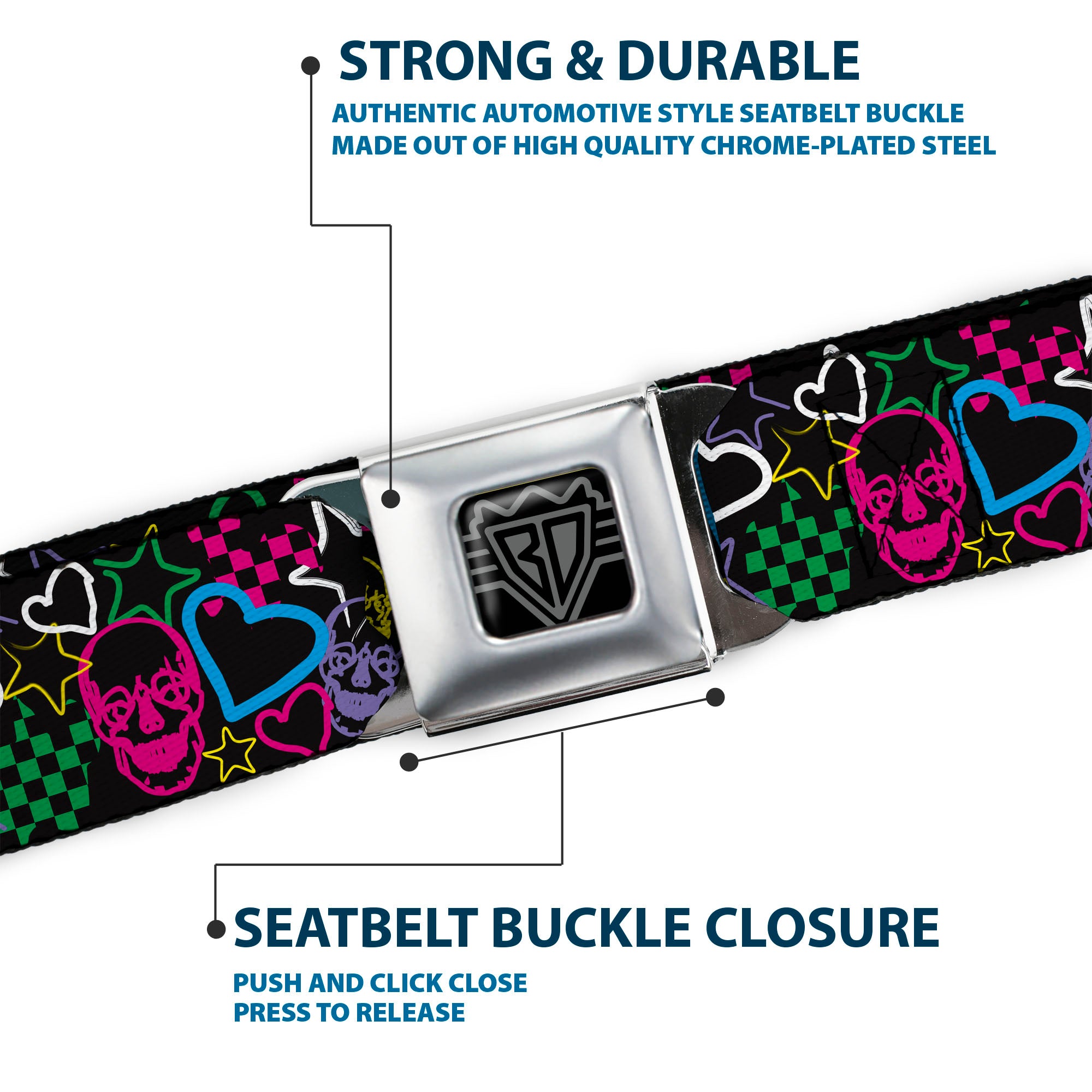 BD Wings Logo CLOSE-UP Full Color Black Silver Seatbelt Belt - Sketch Skull/Star/Heart/Checker Black/Multi Webbing Seatbelt Belts Buckle-Down