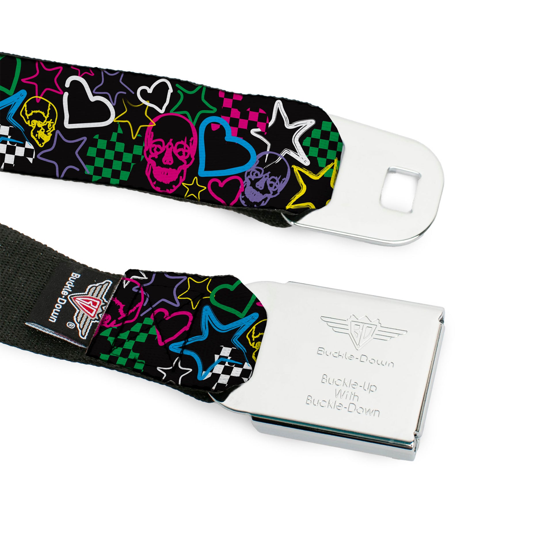 BD Wings Logo CLOSE-UP Full Color Black Silver Seatbelt Belt - Sketch Skull/Star/Heart/Checker Black/Multi Webbing Seatbelt Belts Buckle-Down