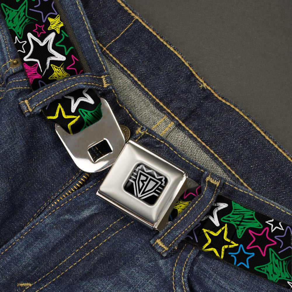 BD Wings Logo CLOSE-UP Full Color Black Silver Seatbelt Belt - Sketch Stars Black/Multi Color Webbing Seatbelt Belts Buckle-Down