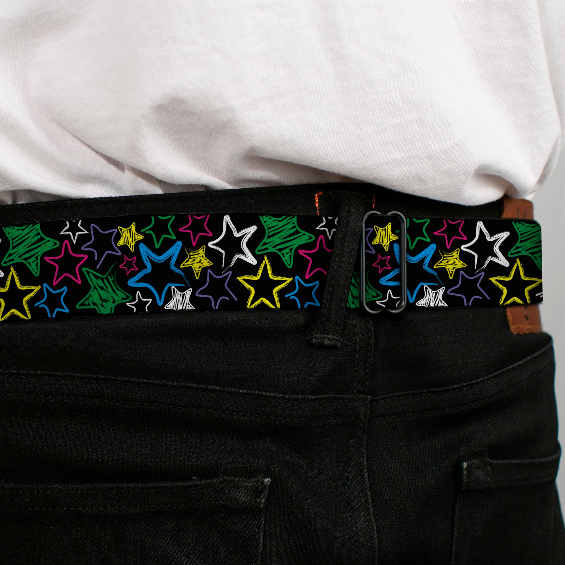 BD Wings Logo CLOSE-UP Full Color Black Silver Seatbelt Belt - Sketch Stars Black/Multi Color Webbing Seatbelt Belts Buckle-Down