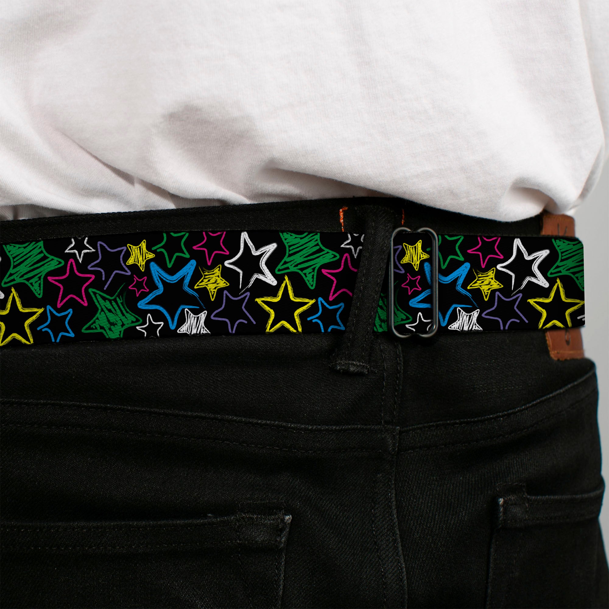 BD Wings Logo CLOSE-UP Full Color Black Silver Seatbelt Belt - Sketch Stars Black/Multi Color Webbing Seatbelt Belts Buckle-Down