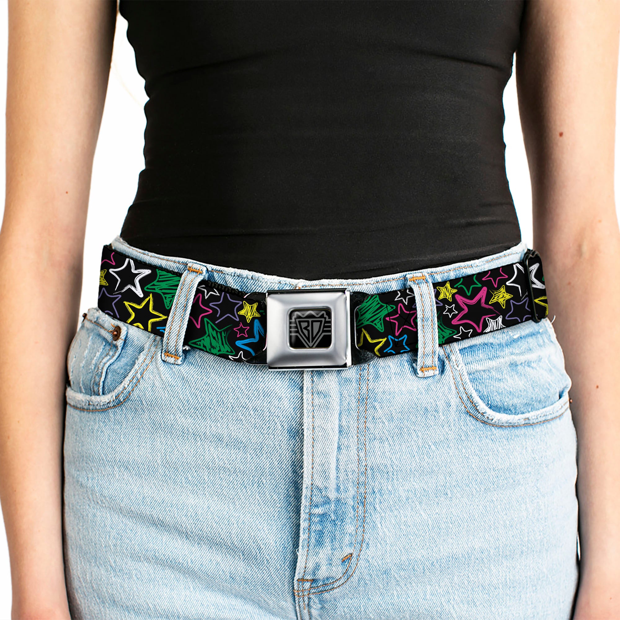 BD Wings Logo CLOSE-UP Full Color Black Silver Seatbelt Belt - Sketch Stars Black/Multi Color Webbing Seatbelt Belts Buckle-Down