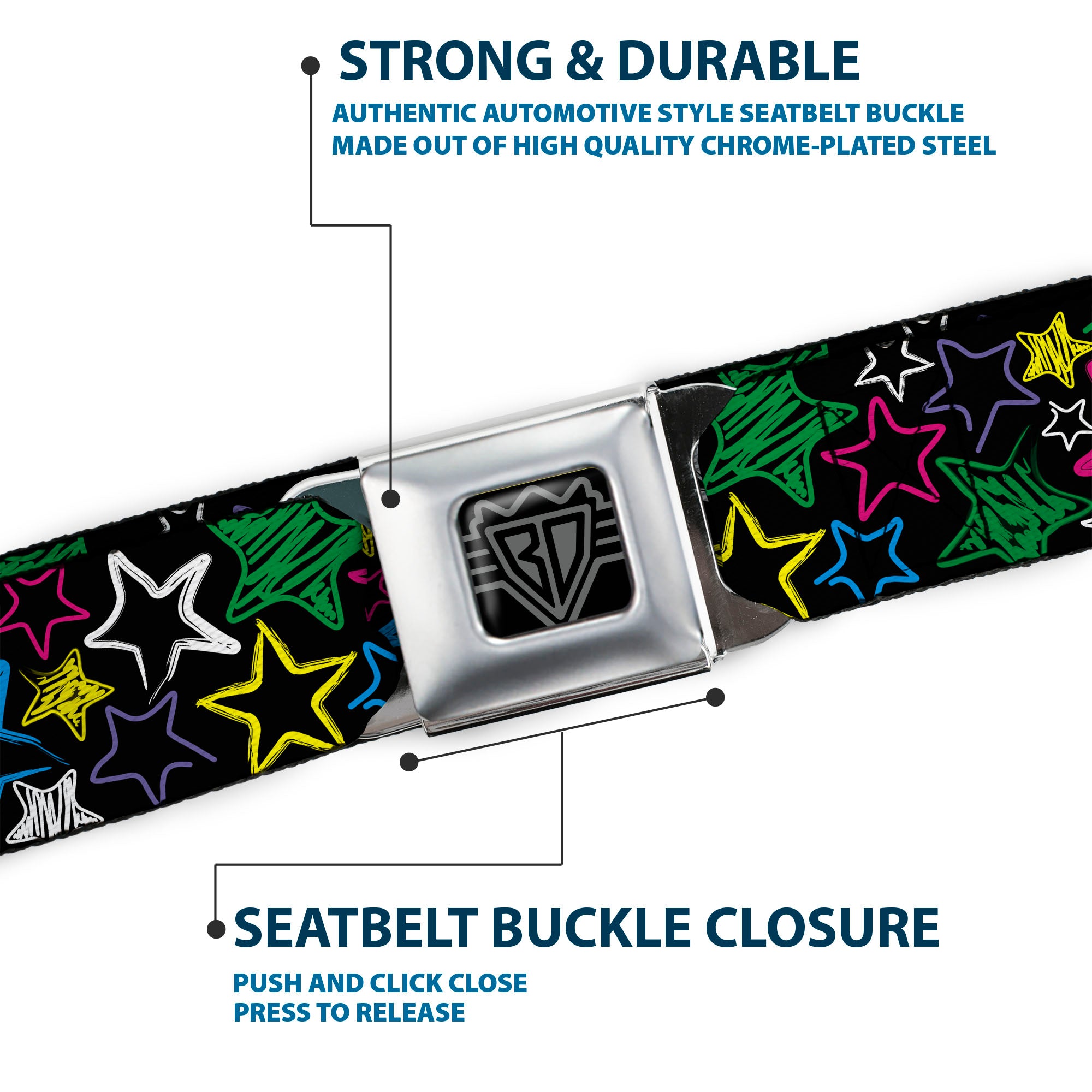 BD Wings Logo CLOSE-UP Full Color Black Silver Seatbelt Belt - Sketch Stars Black/Multi Color Webbing Seatbelt Belts Buckle-Down