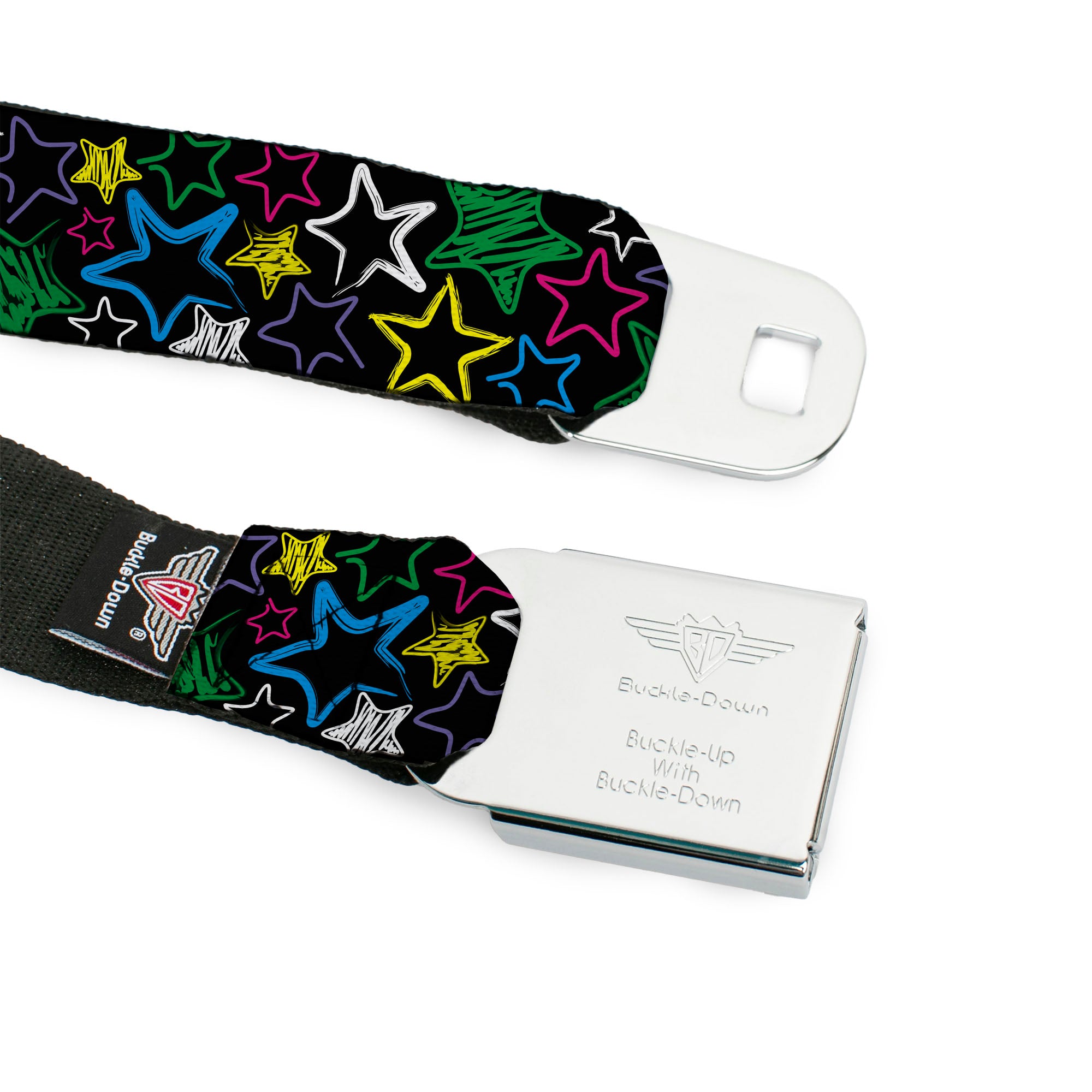 BD Wings Logo CLOSE-UP Full Color Black Silver Seatbelt Belt - Sketch Stars Black/Multi Color Webbing Seatbelt Belts Buckle-Down