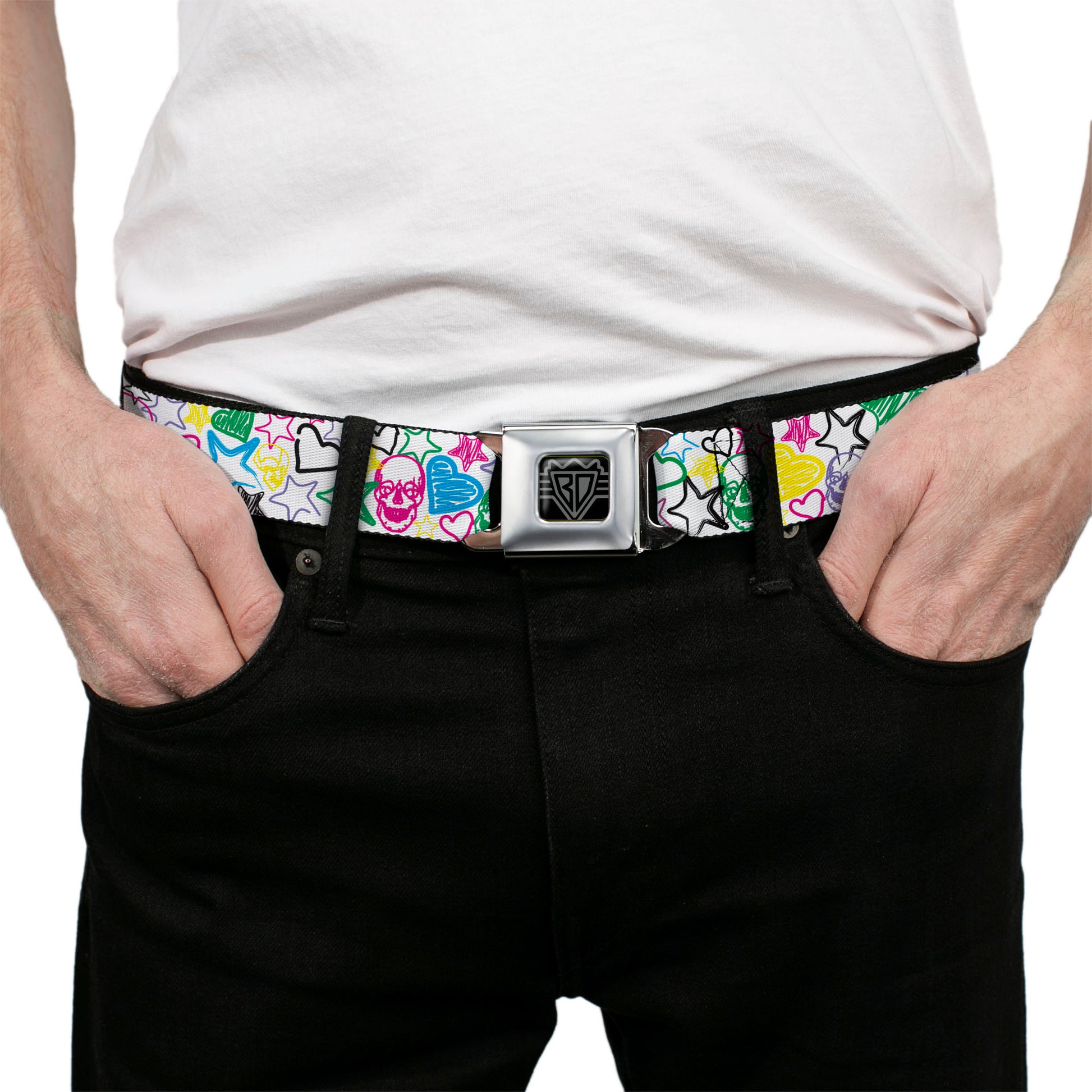 BD Wings Logo CLOSE-UP Full Color Black Silver Seatbelt Belt - Sketch Skull/Star/Heart White/Multi Color Webbing Seatbelt Belts Buckle-Down