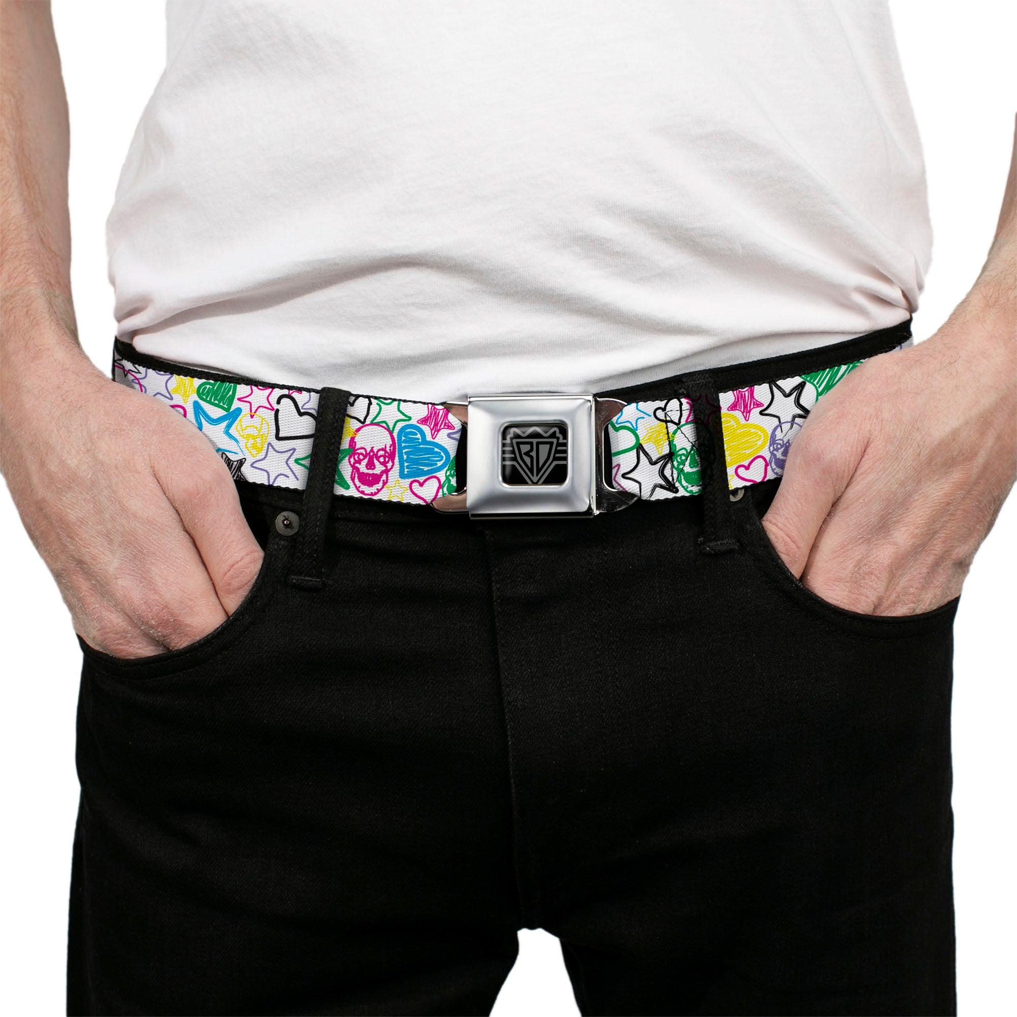 BD Wings Logo CLOSE-UP Full Color Black Silver Seatbelt Belt - Sketch Skull/Star/Heart White/Multi Color Webbing Seatbelt Belts Buckle-Down