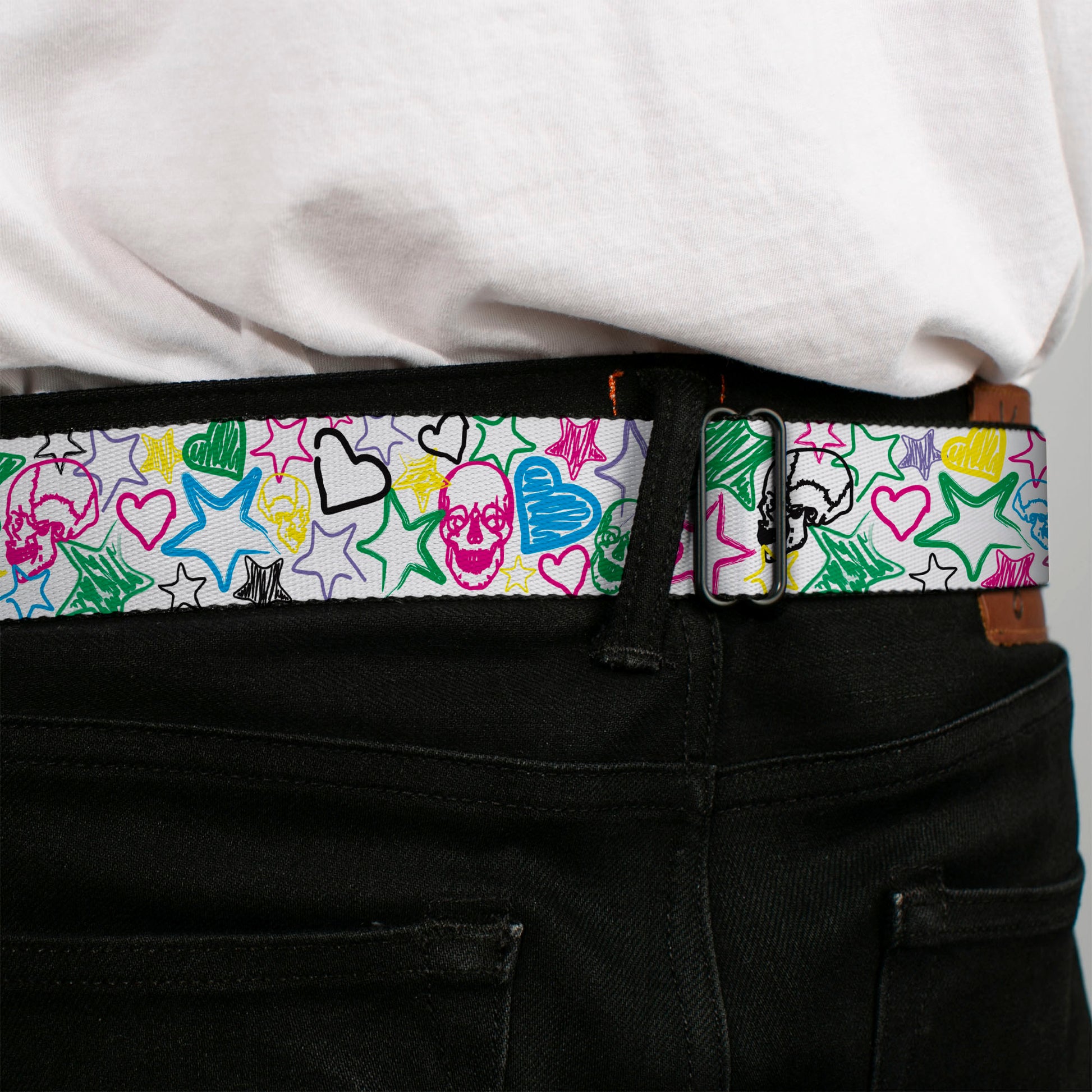 BD Wings Logo CLOSE-UP Full Color Black Silver Seatbelt Belt - Sketch Skull/Star/Heart White/Multi Color Webbing Seatbelt Belts Buckle-Down