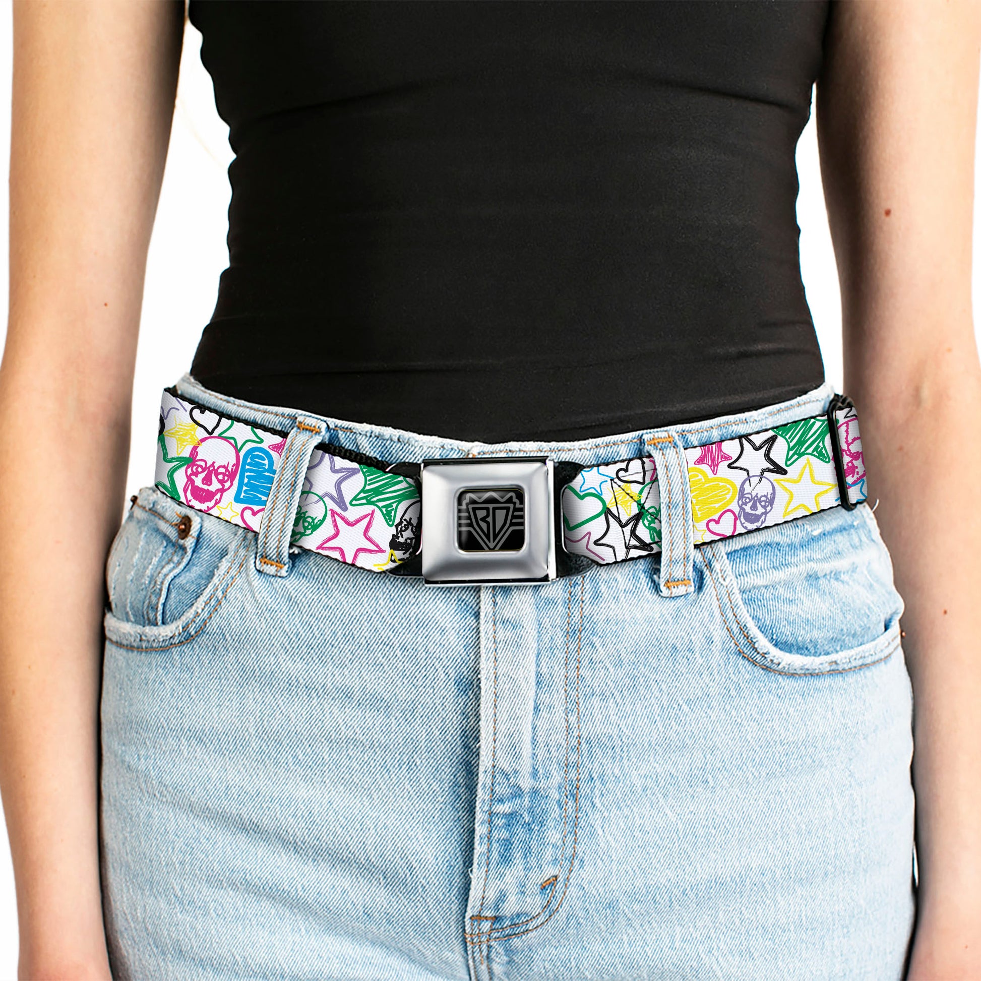 BD Wings Logo CLOSE-UP Full Color Black Silver Seatbelt Belt - Sketch Skull/Star/Heart White/Multi Color Webbing Seatbelt Belts Buckle-Down