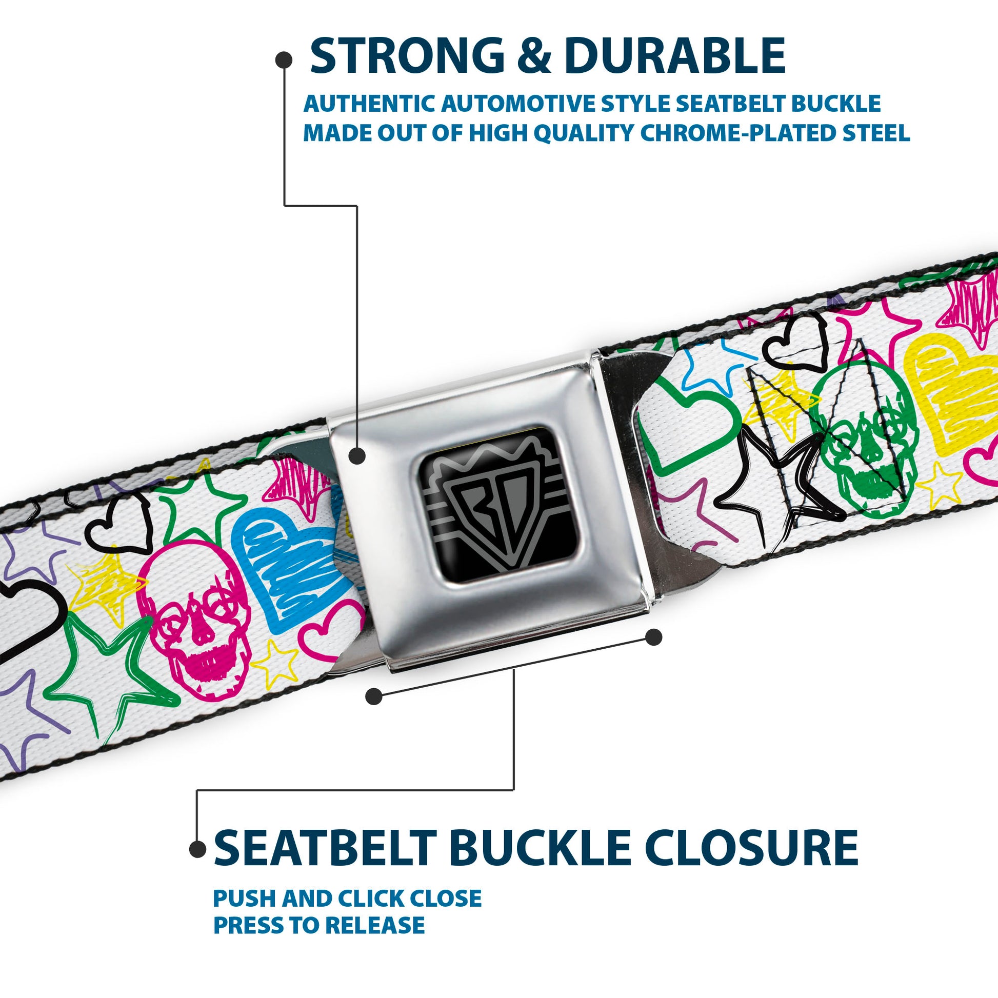 BD Wings Logo CLOSE-UP Full Color Black Silver Seatbelt Belt - Sketch Skull/Star/Heart White/Multi Color Webbing Seatbelt Belts Buckle-Down