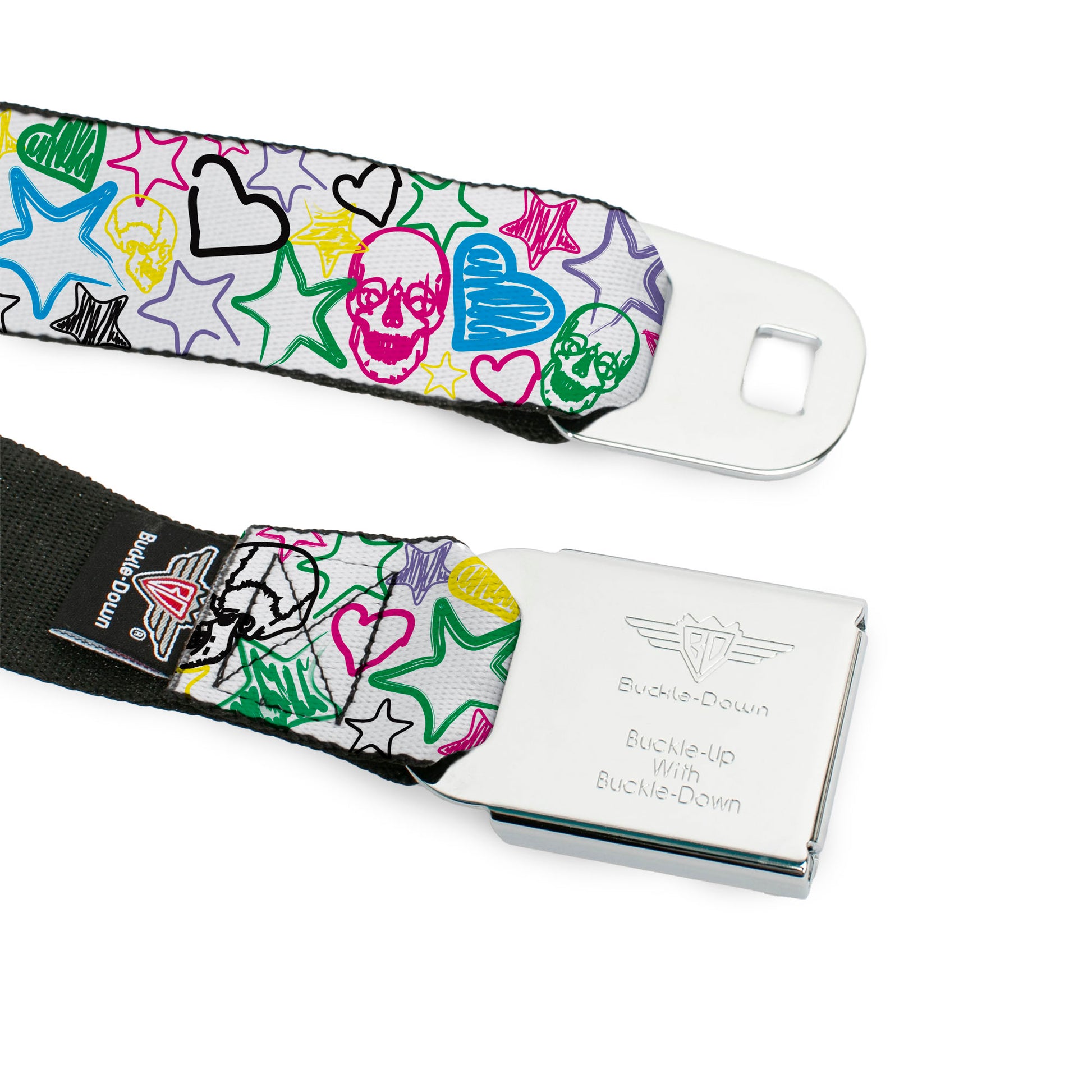 BD Wings Logo CLOSE-UP Full Color Black Silver Seatbelt Belt - Sketch Skull/Star/Heart White/Multi Color Webbing Seatbelt Belts Buckle-Down
