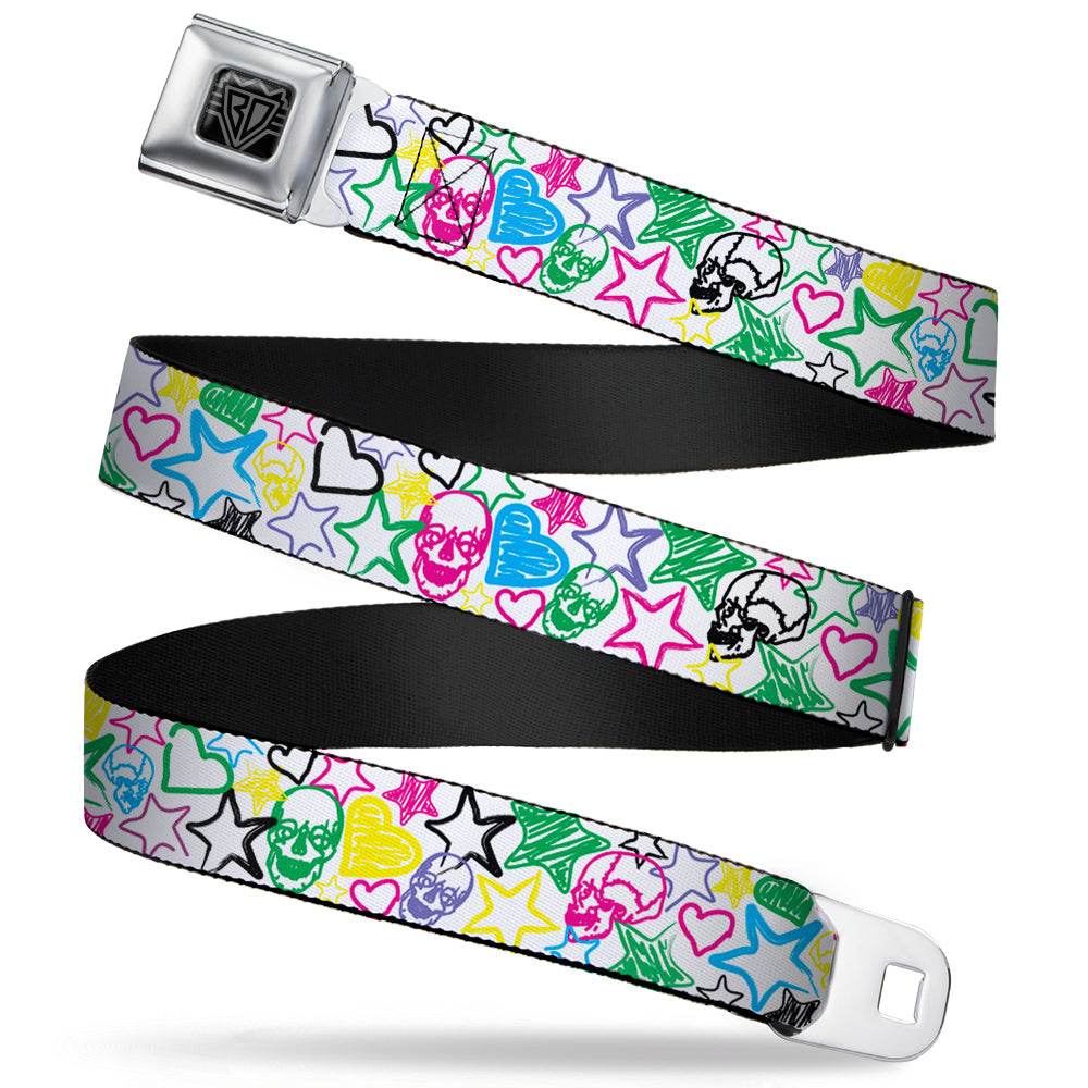 BD Wings Logo CLOSE-UP Full Color Black Silver Seatbelt Belt - Sketch Skull/Star/Heart White/Multi Color Webbing Seatbelt Belts Buckle-Down