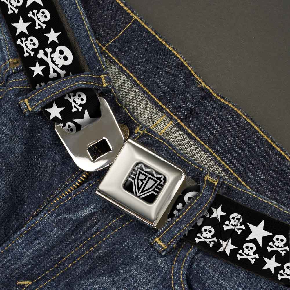 BD Wings Logo CLOSE-UP Full Color Black Silver Seatbelt Belt - Skulls & Stars Black/White Webbing Seatbelt Belts Buckle-Down