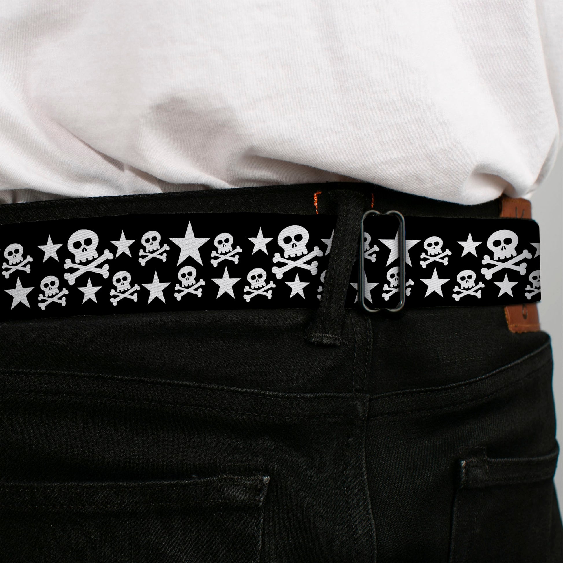 BD Wings Logo CLOSE-UP Full Color Black Silver Seatbelt Belt - Skulls & Stars Black/White Webbing Seatbelt Belts Buckle-Down