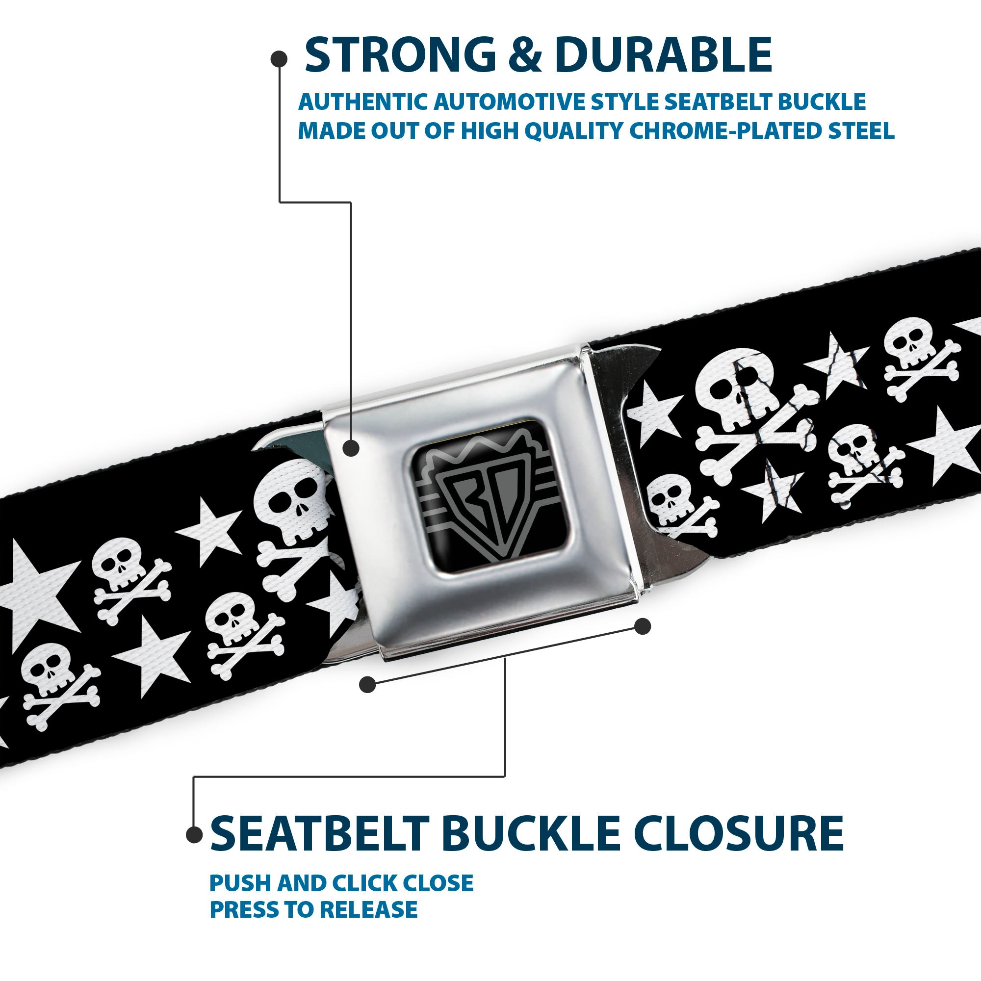 BD Wings Logo CLOSE-UP Full Color Black Silver Seatbelt Belt - Skulls & Stars Black/White Webbing Seatbelt Belts Buckle-Down