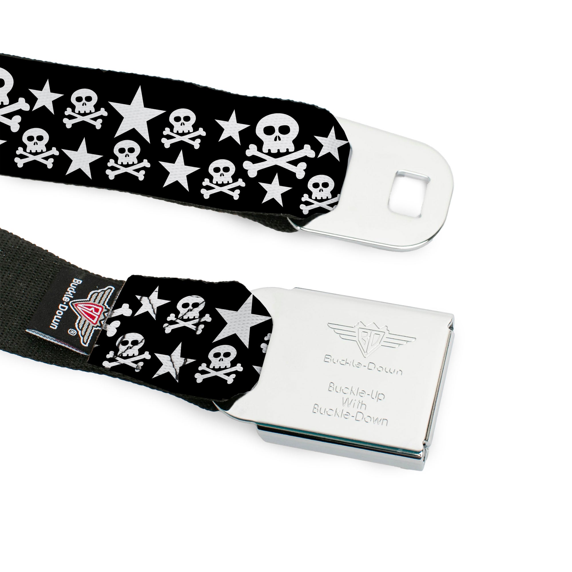 BD Wings Logo CLOSE-UP Full Color Black Silver Seatbelt Belt - Skulls & Stars Black/White Webbing Seatbelt Belts Buckle-Down