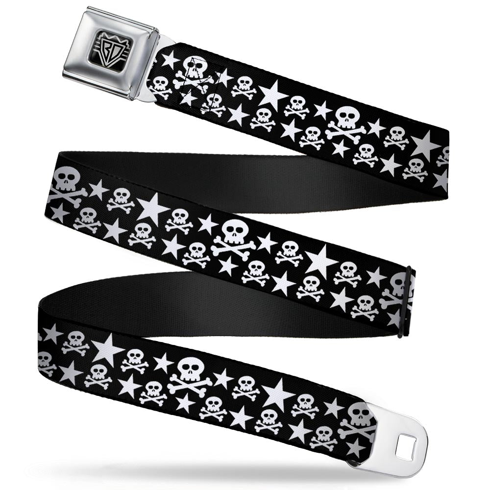 BD Wings Logo CLOSE-UP Full Color Black Silver Seatbelt Belt - Skulls & Stars Black/White Webbing Seatbelt Belts Buckle-Down