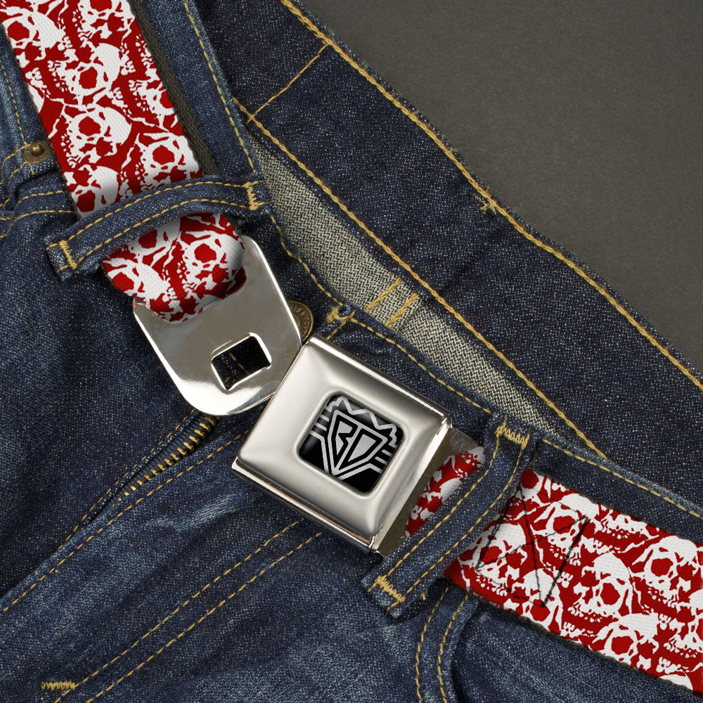BD Wings Logo CLOSE-UP Full Color Black Silver Seatbelt Belt - Skull Yard Red/White Webbing Seatbelt Belts Buckle-Down