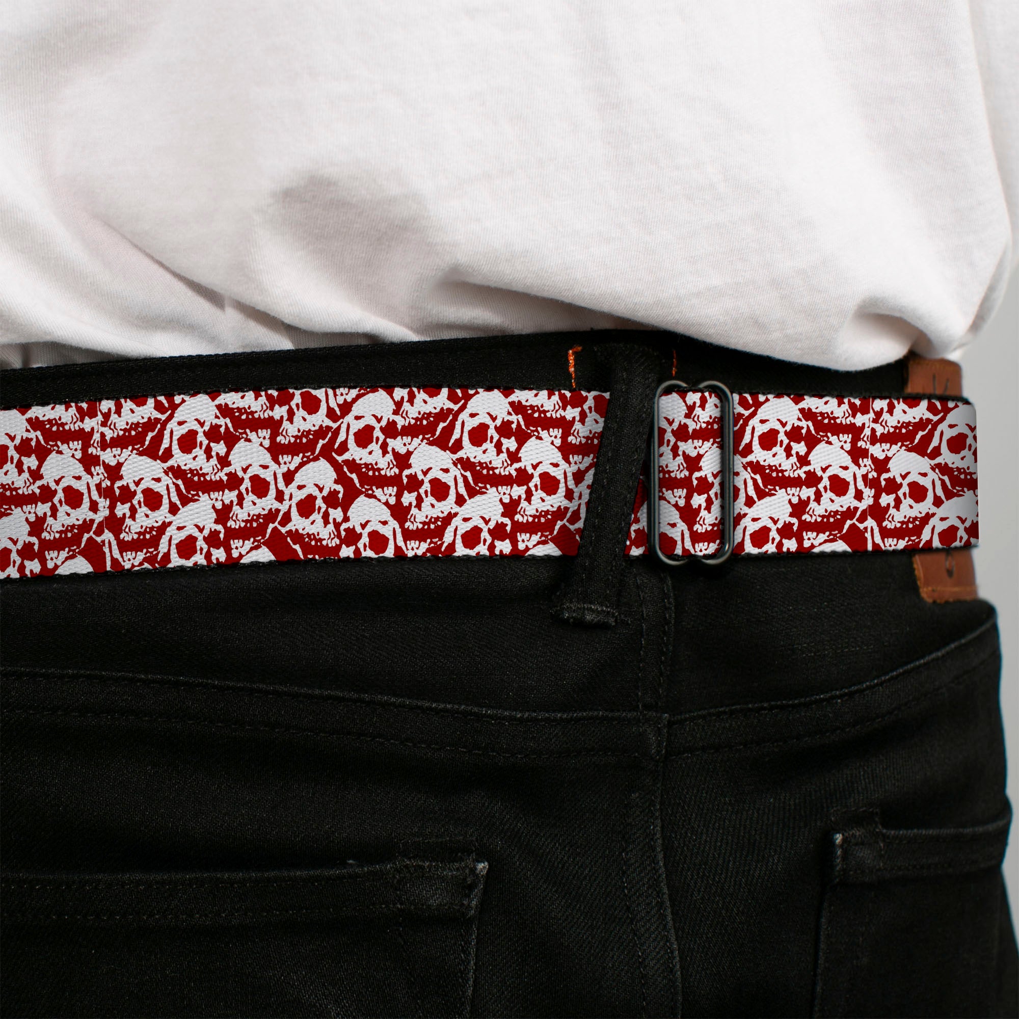 BD Wings Logo CLOSE-UP Full Color Black Silver Seatbelt Belt - Skull Yard Red/White Webbing Seatbelt Belts Buckle-Down