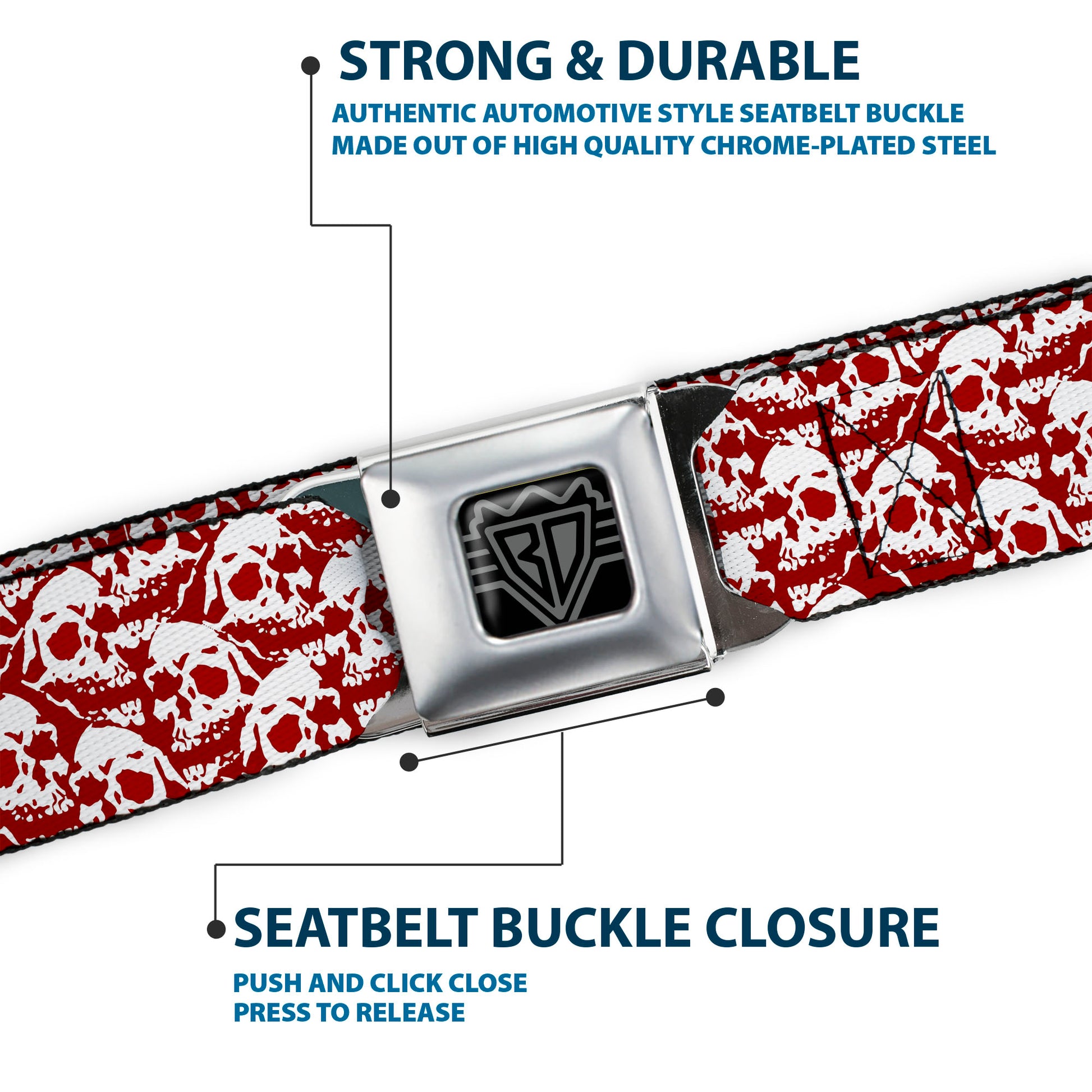 BD Wings Logo CLOSE-UP Full Color Black Silver Seatbelt Belt - Skull Yard Red/White Webbing Seatbelt Belts Buckle-Down