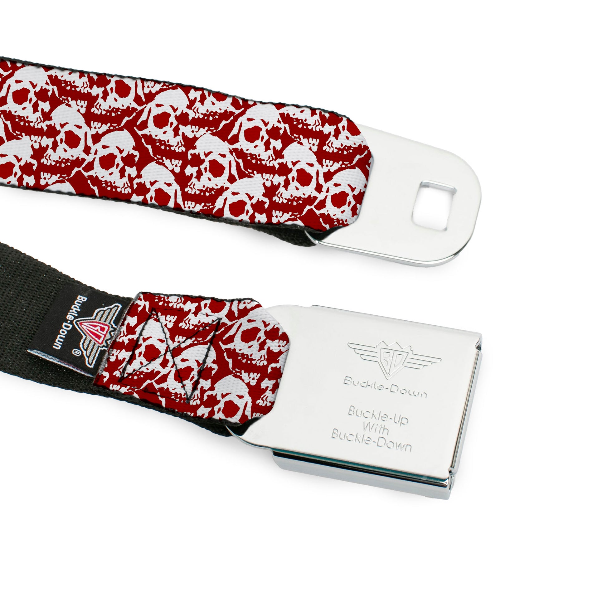 BD Wings Logo CLOSE-UP Full Color Black Silver Seatbelt Belt - Skull Yard Red/White Webbing Seatbelt Belts Buckle-Down