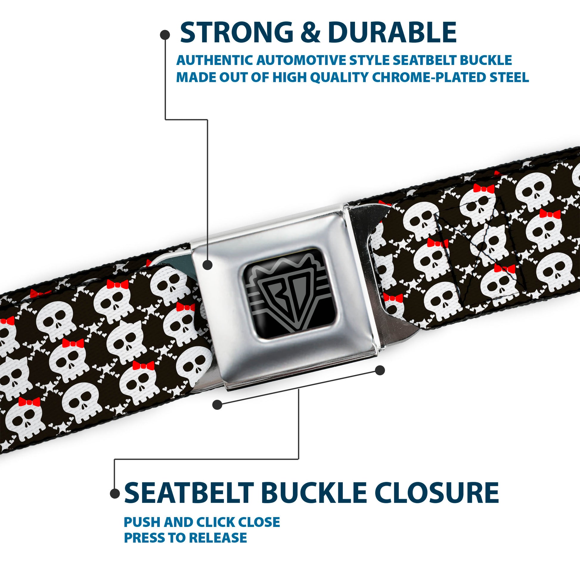 BD Wings Logo CLOSE-UP Full Color Black Silver Seatbelt Belt - Skull w/Bow Black/White/Red Webbing Seatbelt Belts Buckle-Down
