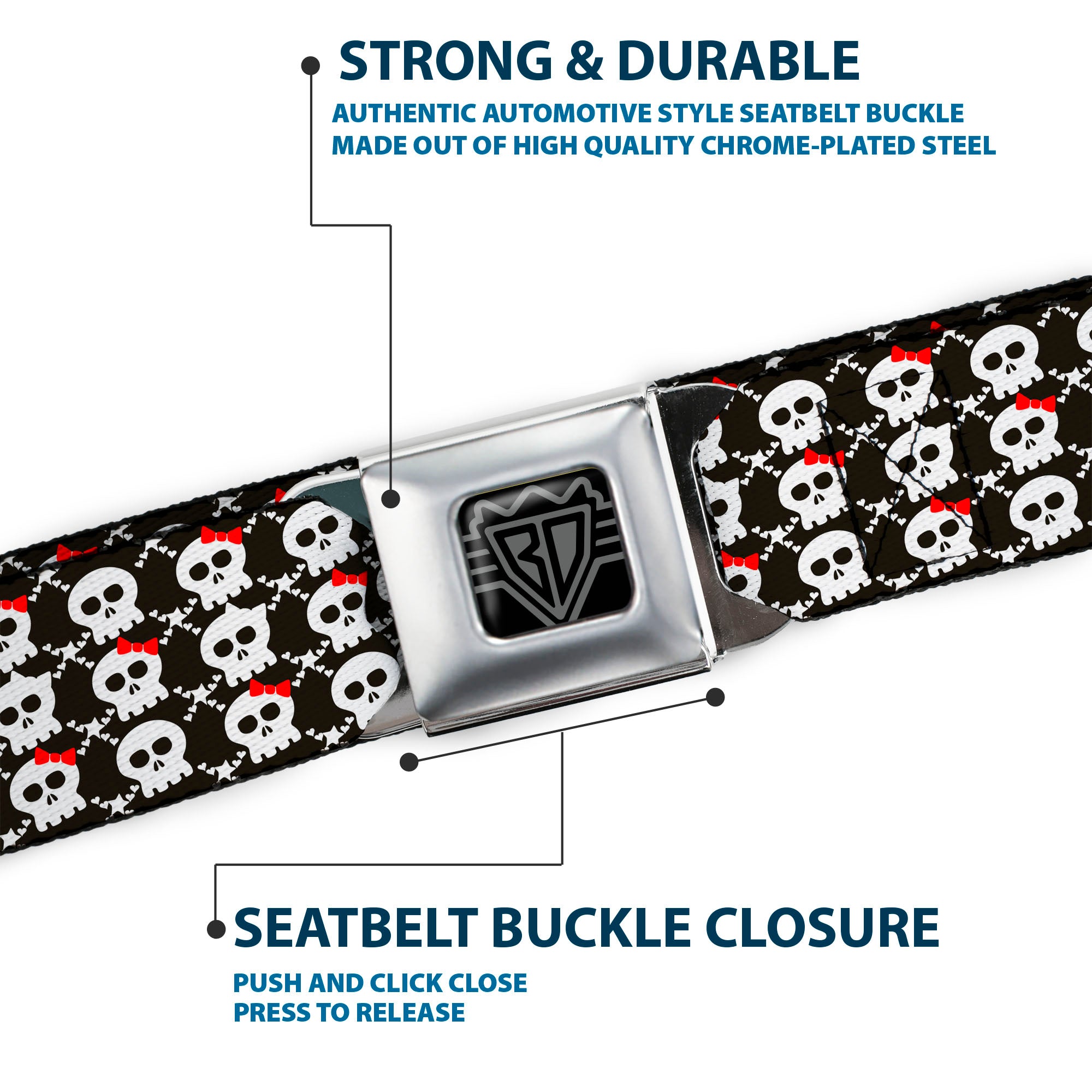BD Wings Logo CLOSE-UP Full Color Black Silver Seatbelt Belt - Skull w/Bow Black/White/Red Webbing Seatbelt Belts Buckle-Down