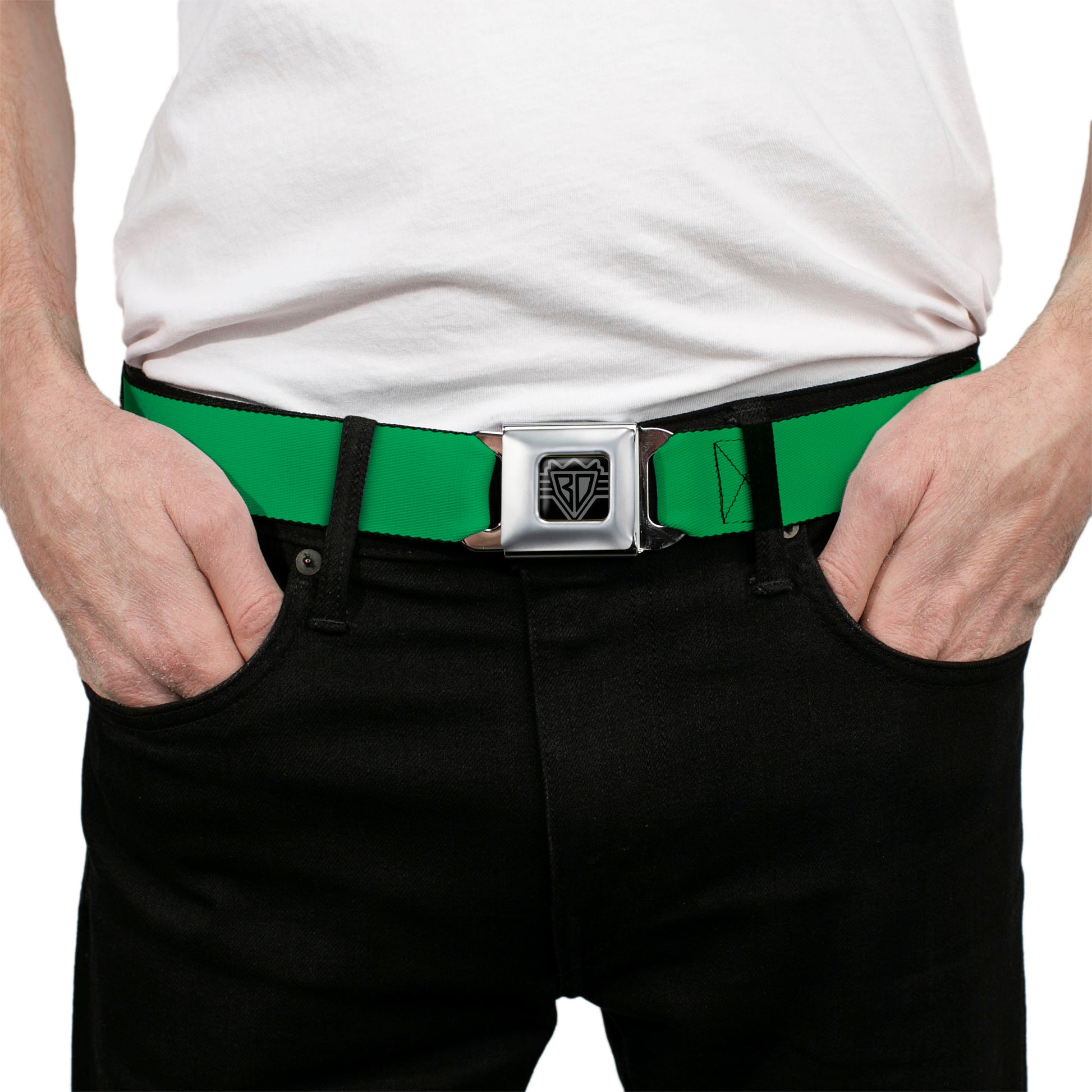 BD Wings Logo CLOSE-UP Full Color Black Silver Seatbelt Belt - St. Paddy Green Webbing Seatbelt Belts Buckle-Down